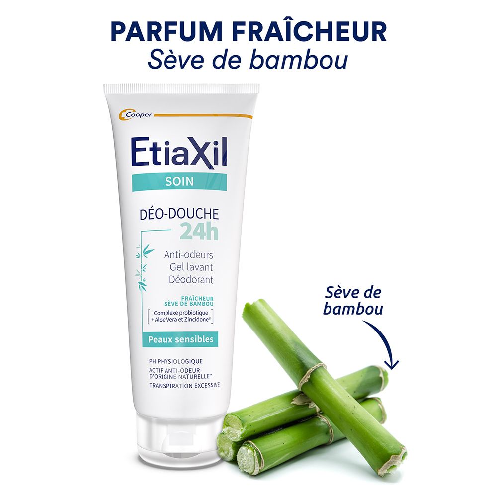 Tube de gel douche Etiaxil avec bambou. Texte : 'Parfum Fraîcheur Sève de bambou'.