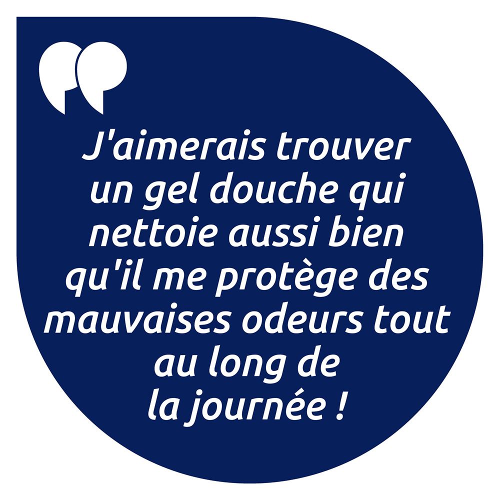 Citation textuelle dans une bulle. Texte sur un gel douche protégeant des odeurs.
