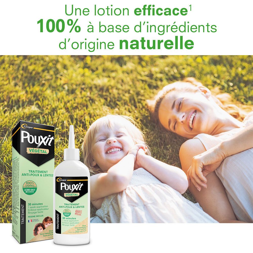 Flacon et boîte du produit. Femme et enfant dans l'herbe. Texte: 100% ingrédients naturels. Lotion efficace.