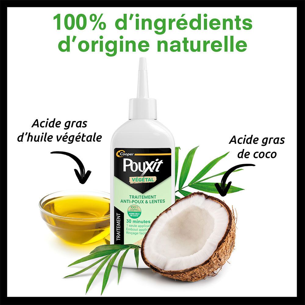 Flacon, noix de coco et huile. Texte: 100% ingrédients naturels. Acides gras de coco et huile végétale.