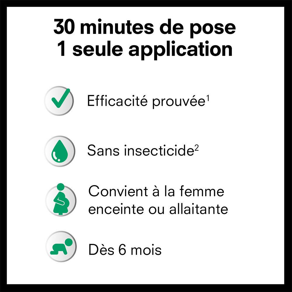 Texte: 30 minutes de pose, 1 seule application. Efficacité prouvée, sans insecticide, femmes enceintes et dès 6 mois.