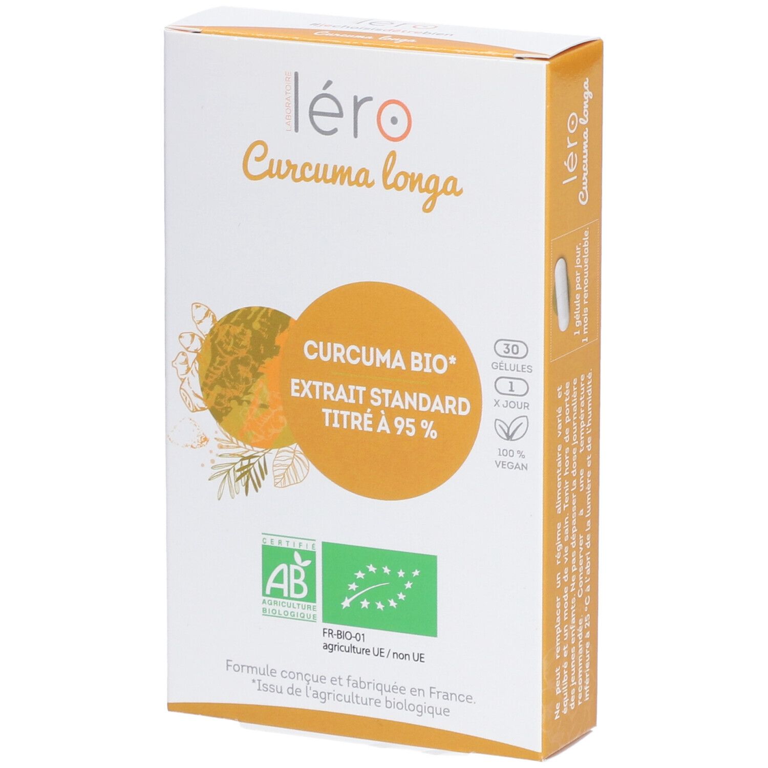 Boîte Léro Curcuma longa. Inscriptions : Curcuma Bio, Extrait Standard Titré à 95%, 30 gélules, vegan, certification AB.