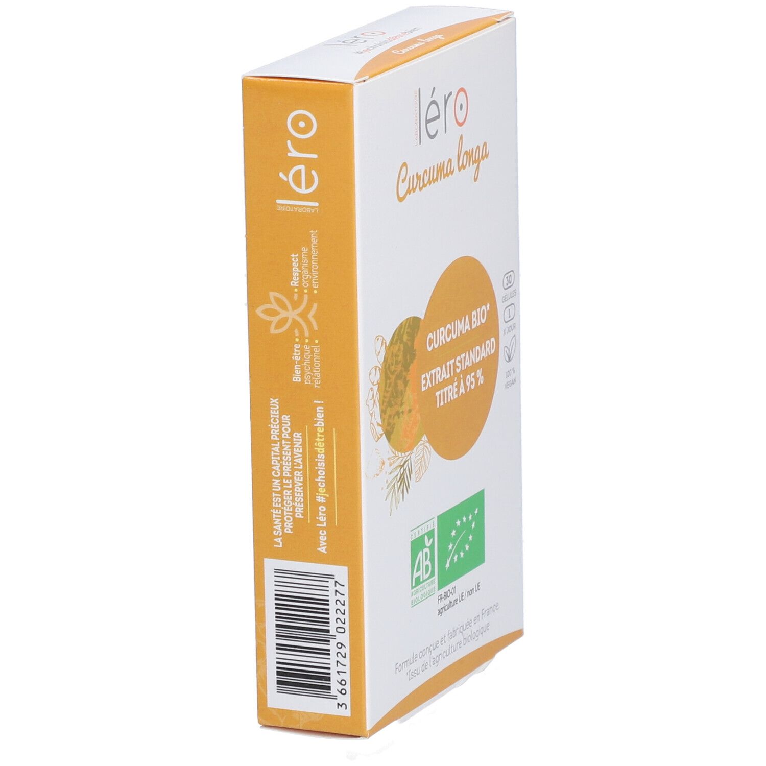 Boîte Léro Curcuma longa. Inscriptions : Curcuma Bio, Extrait Standard Titré à 95%, certification AB, code-barres.