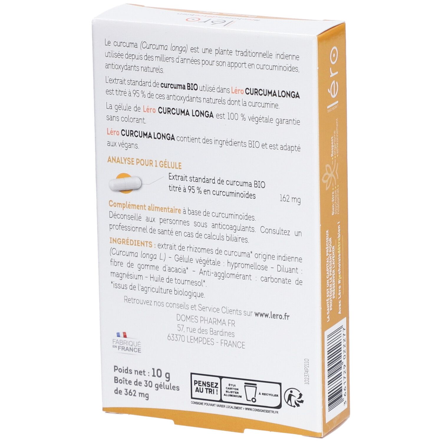Dos de la boîte Léro Curcuma longa. Texte sur ingrédients, dosage, poids et adresse du fabricant.