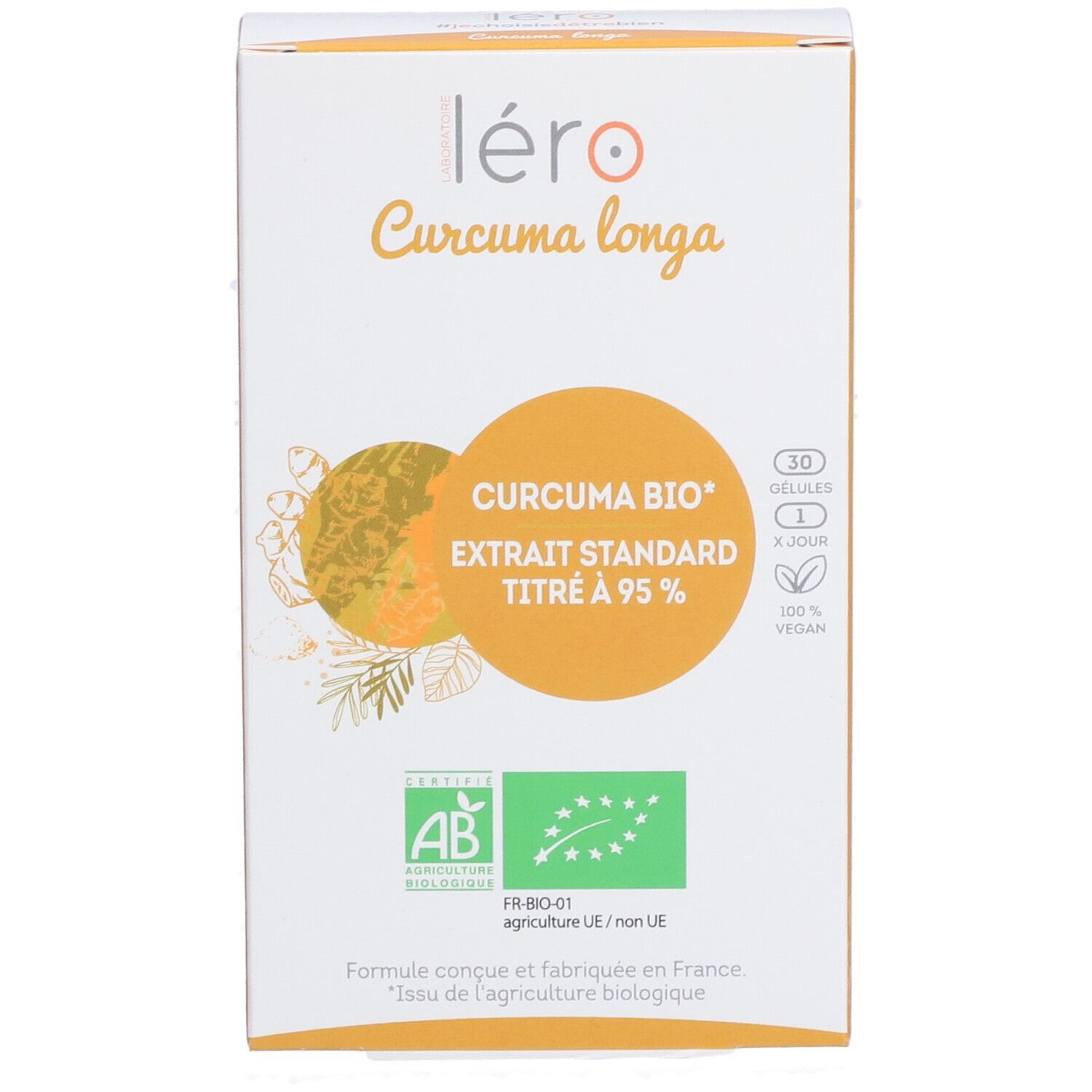 Boîte Léro Curcuma longa. Inscriptions : Curcuma Bio, Extrait Standard Titré à 95%, 30 gélules, vegan, certification AB.