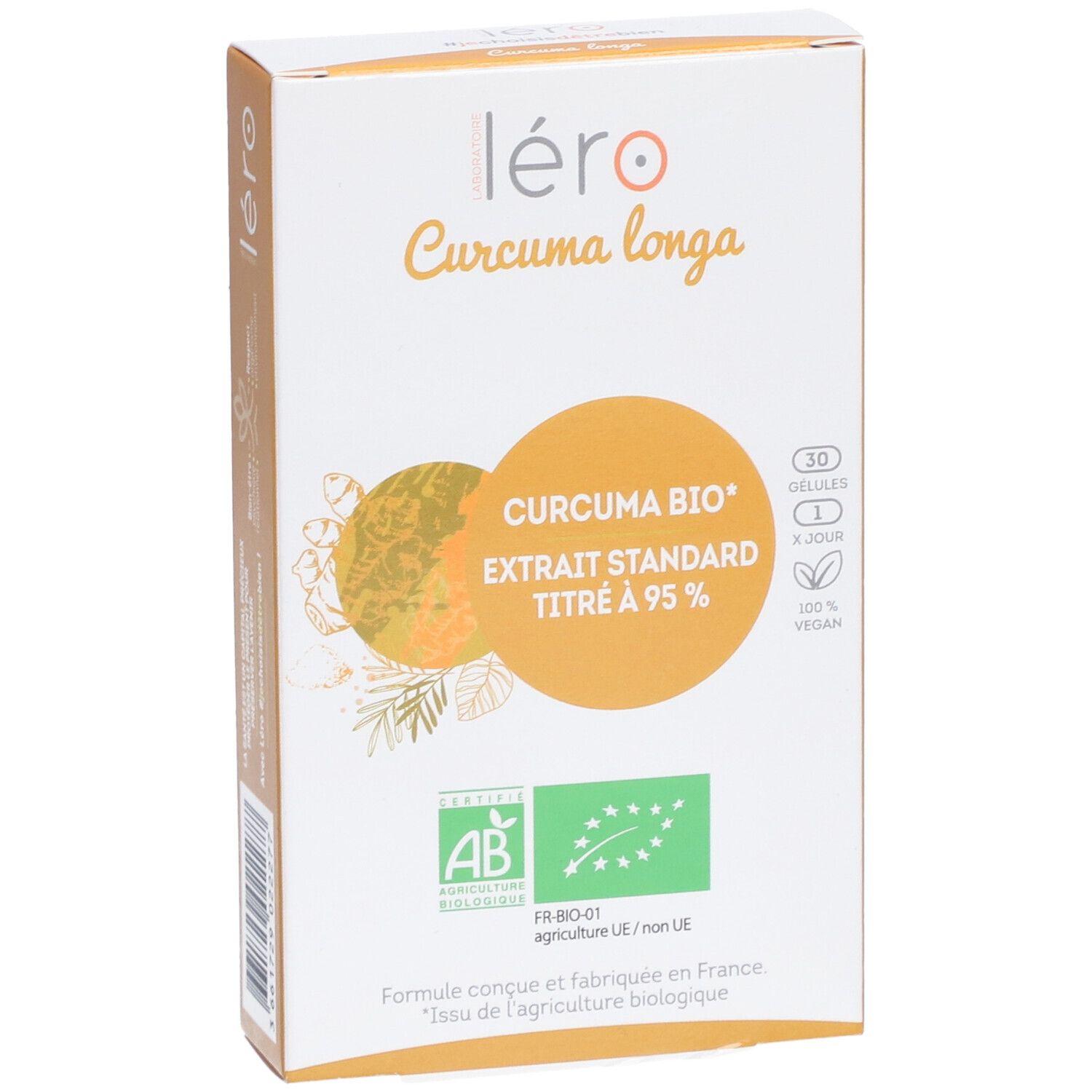 Boîte Léro Curcuma longa. Inscriptions : Curcuma Bio, Extrait Standard Titré à 95%, 30 gélules, vegan, certification AB.