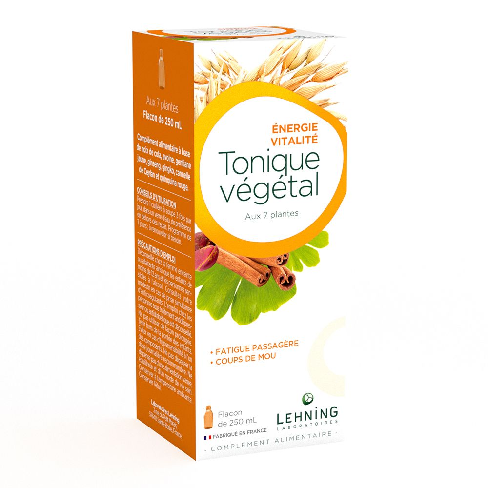 Boîte avec texte: Tonique végétal, aux 7 plantes. Marque: LEHNING. Flacon de 250 ml.
