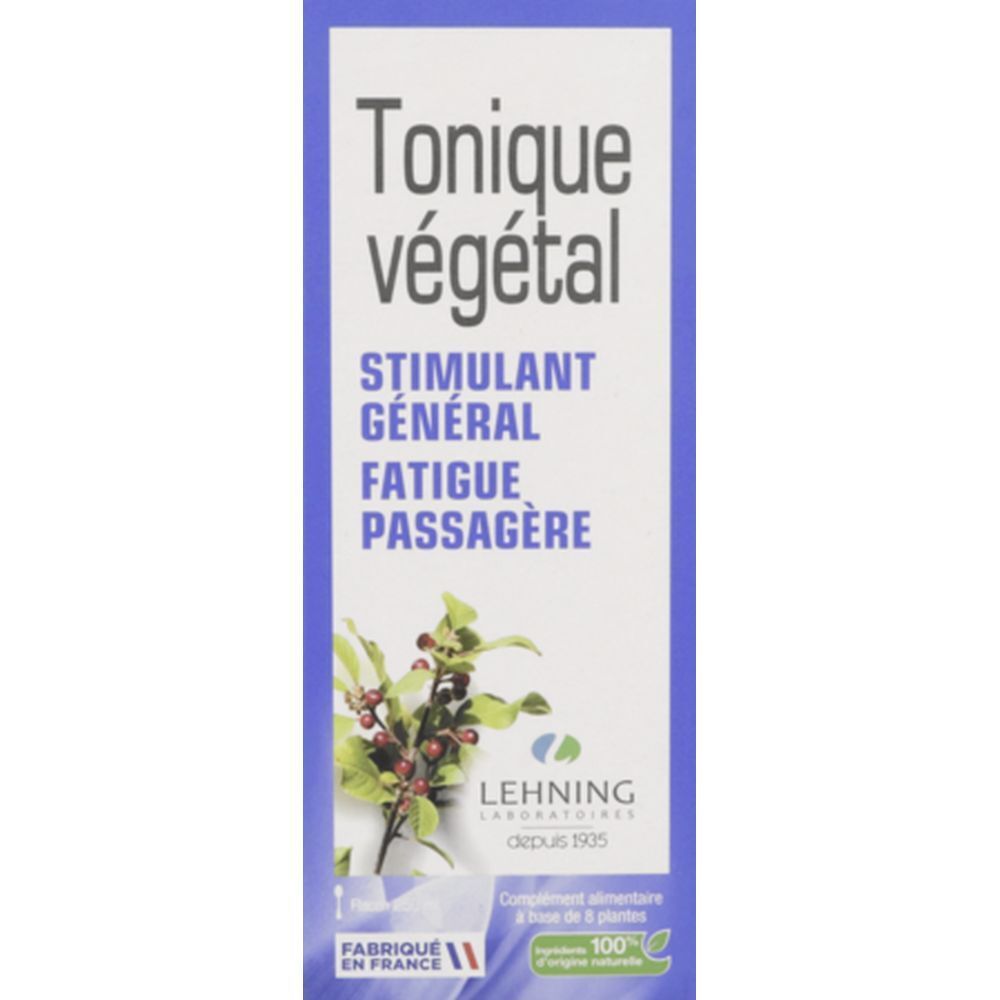 Boîte bleue avec texte: Tonique végétal. Marque: LEHNING. Stimulant général, Fatigue passagère.
