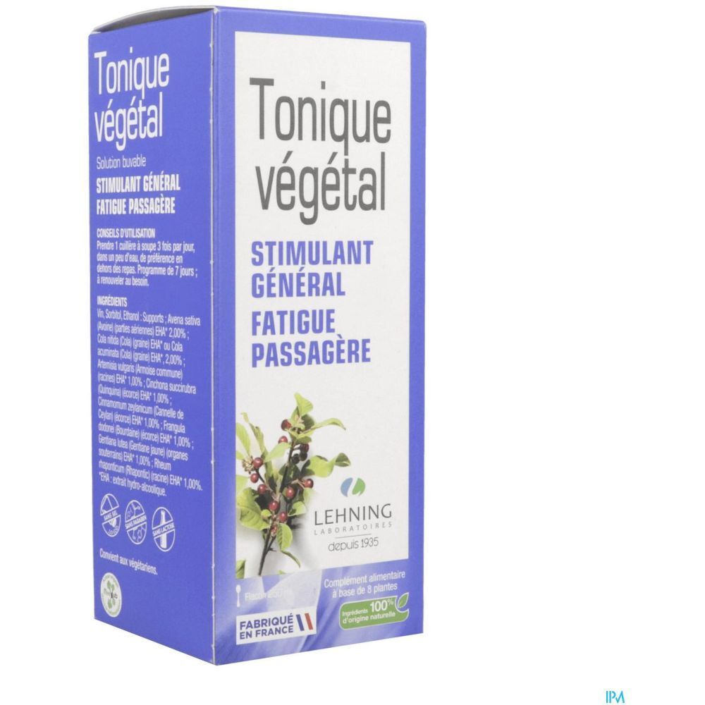Boîte bleue avec texte: Tonique végétal. Marque: LEHNING. Stimulant général, Fatigue passagère. Flacon.
