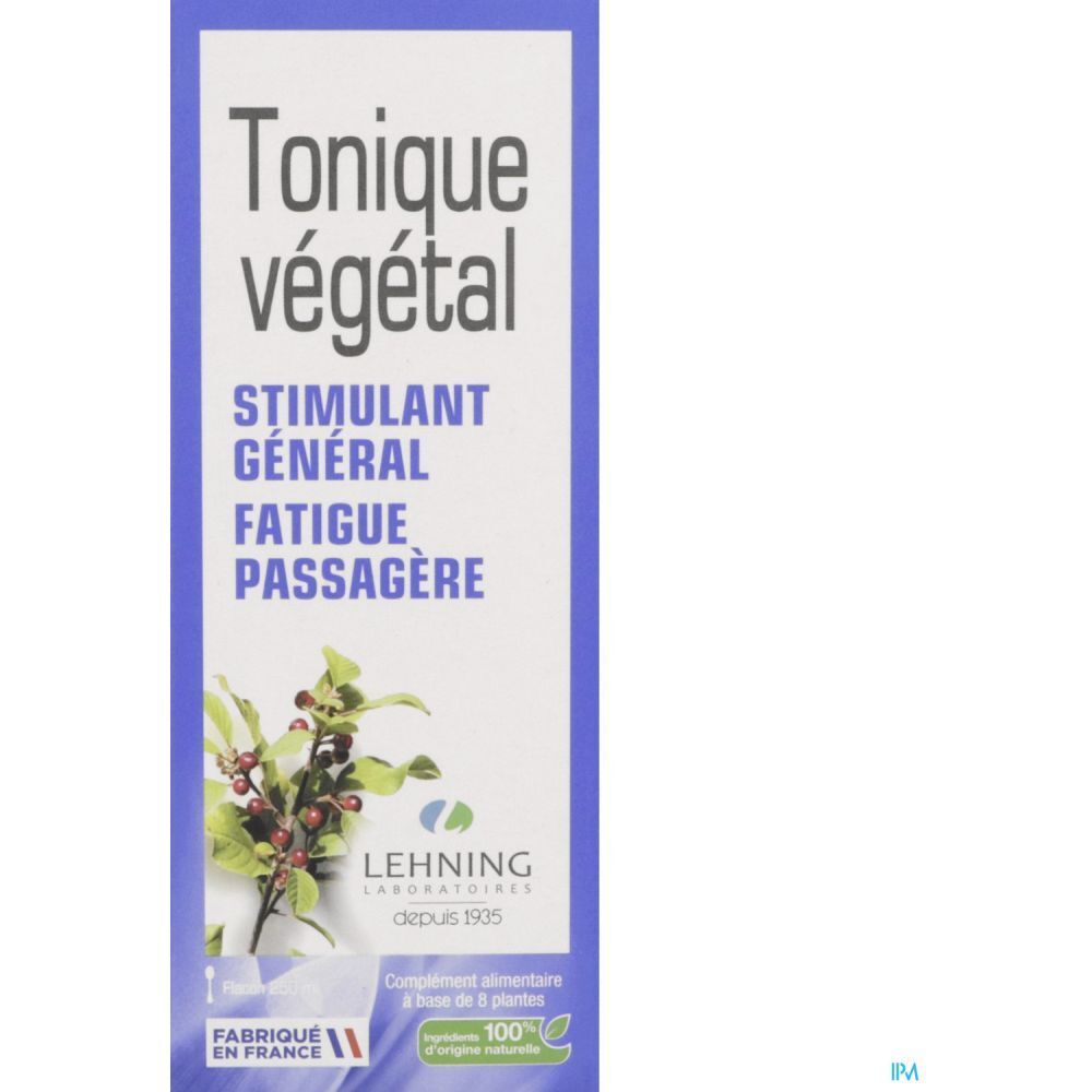 Boîte bleue avec texte: Tonique végétal. Marque: LEHNING. Stimulant général, Fatigue passagère.
