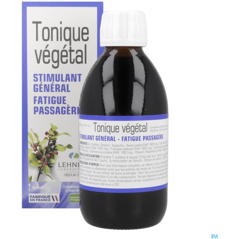 Flacon brun avec bouchon blanc et boîte. Étiquette: Tonique végétal. Marque: LEHNING. Texte: Stimulant général.