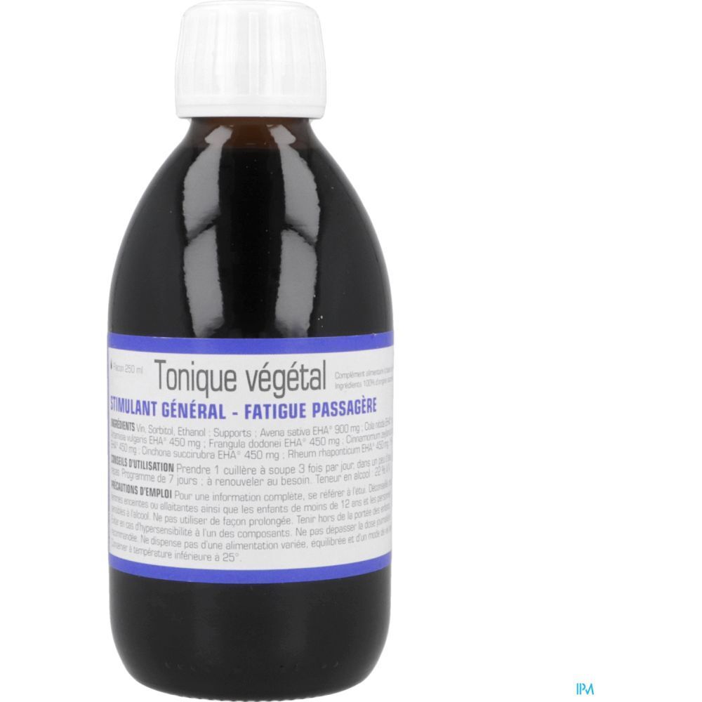 Flacon brun avec bouchon blanc. Étiquette: Tonique végétal. Marque: LEHNING. Texte: Stimulant général, Fatigue passagère.