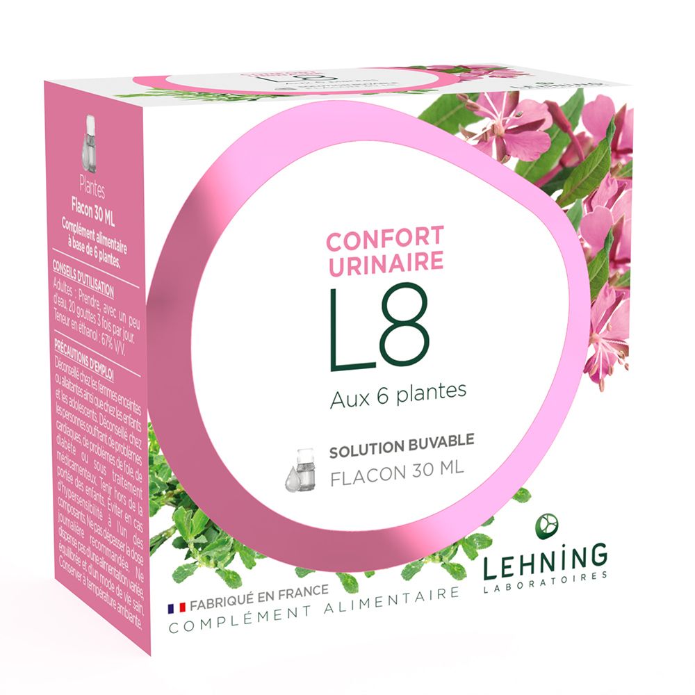Boîte LEHNING L8 Confort Urinaire. Design rose, nom du produit et logo. Illustration du flacon.
