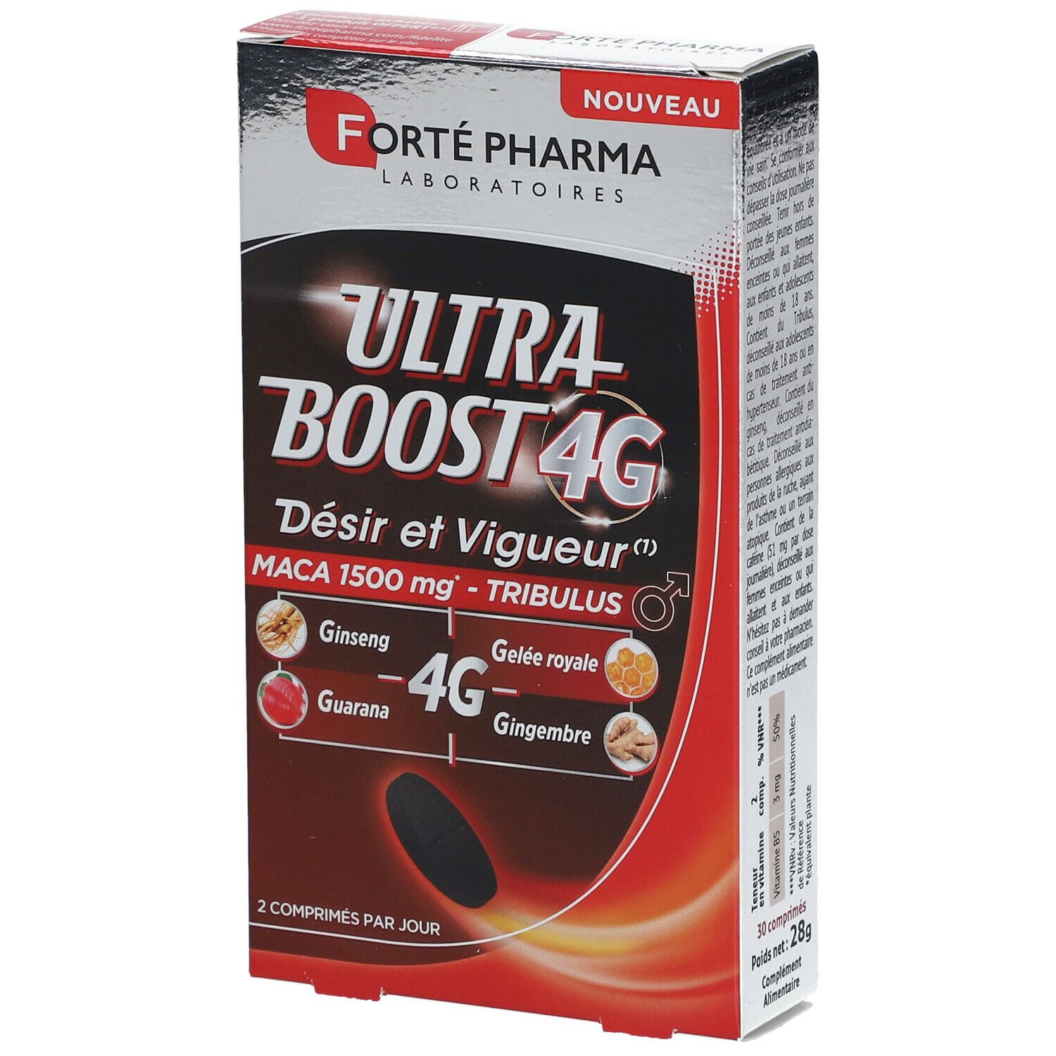 Boîte de Forté Pharma Ultra Boost 4G. Contient des comprimés. Inscriptions: Ultra Boost 4G, Désir et Vigueur, Maca 1500 mg, Tribulus.