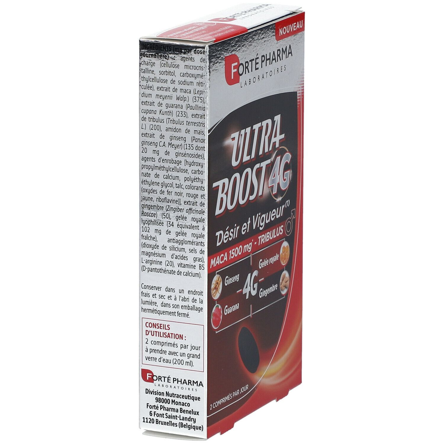 Vue latérale de la boîte Forté Pharma Ultra Boost 4G. Contient des informations sur les ingrédients et l'utilisation.