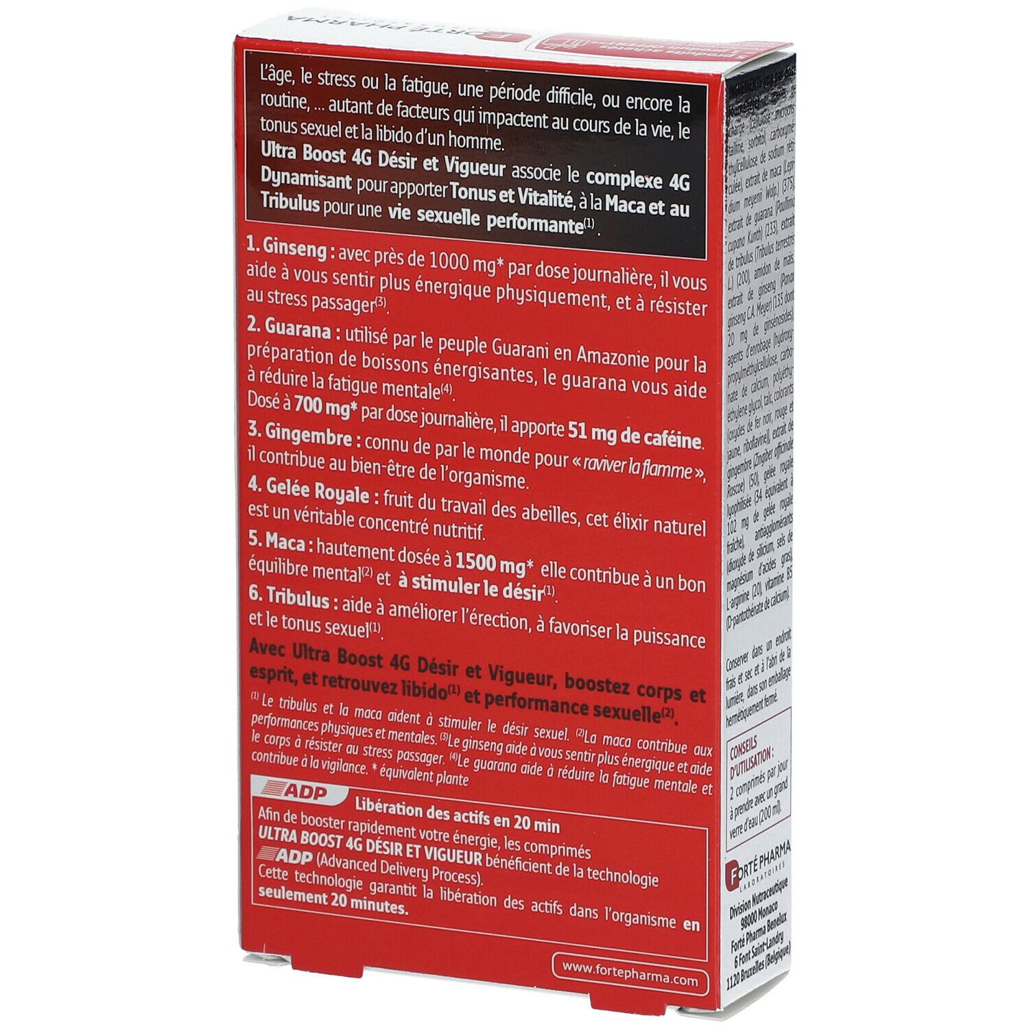 Dos de la boîte Forté Pharma Ultra Boost 4G. Texte sur les avantages et les ingrédients du produit.