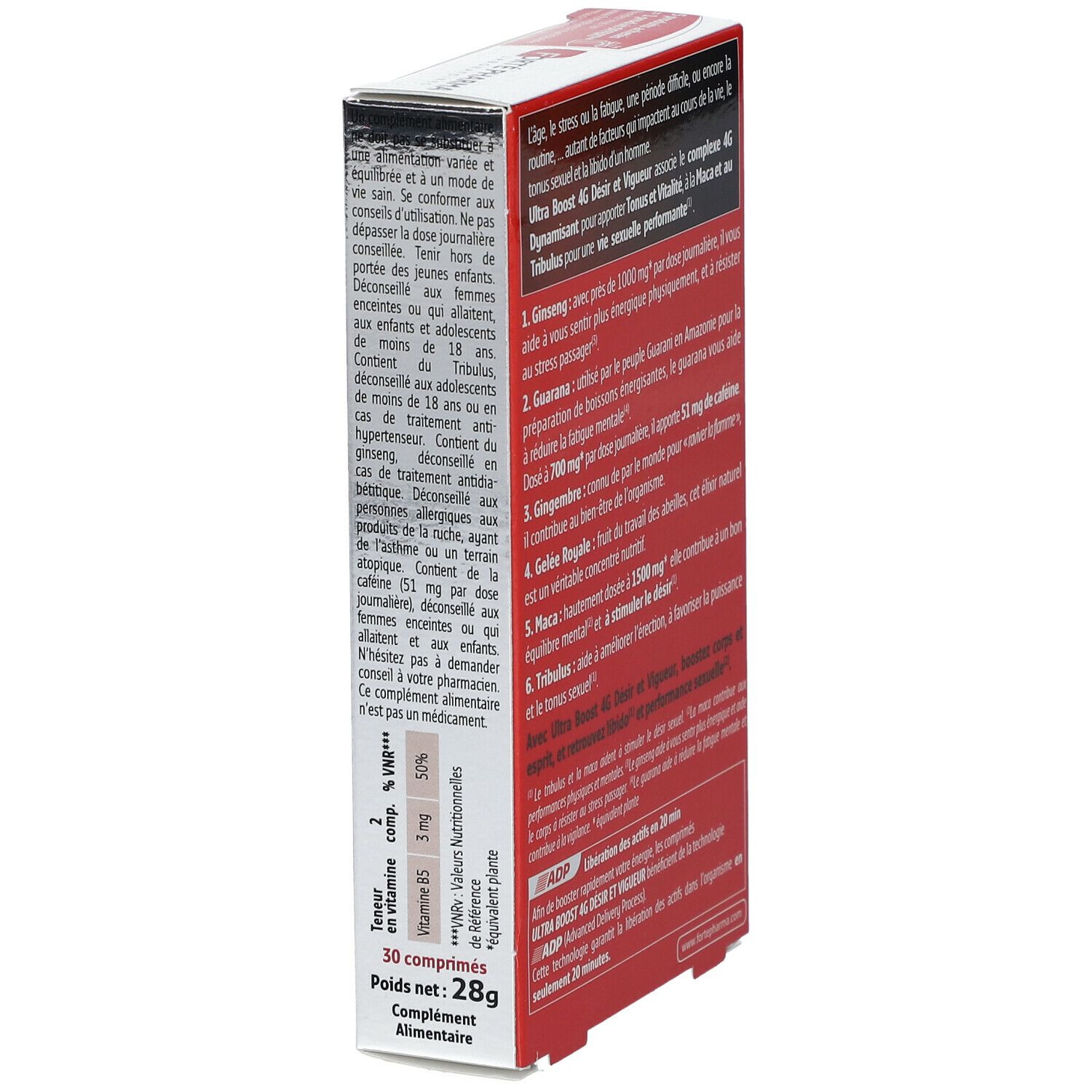 Vue latérale de la boîte Forté Pharma Ultra Boost 4G. Contient des informations sur les ingrédients et les avertissements.