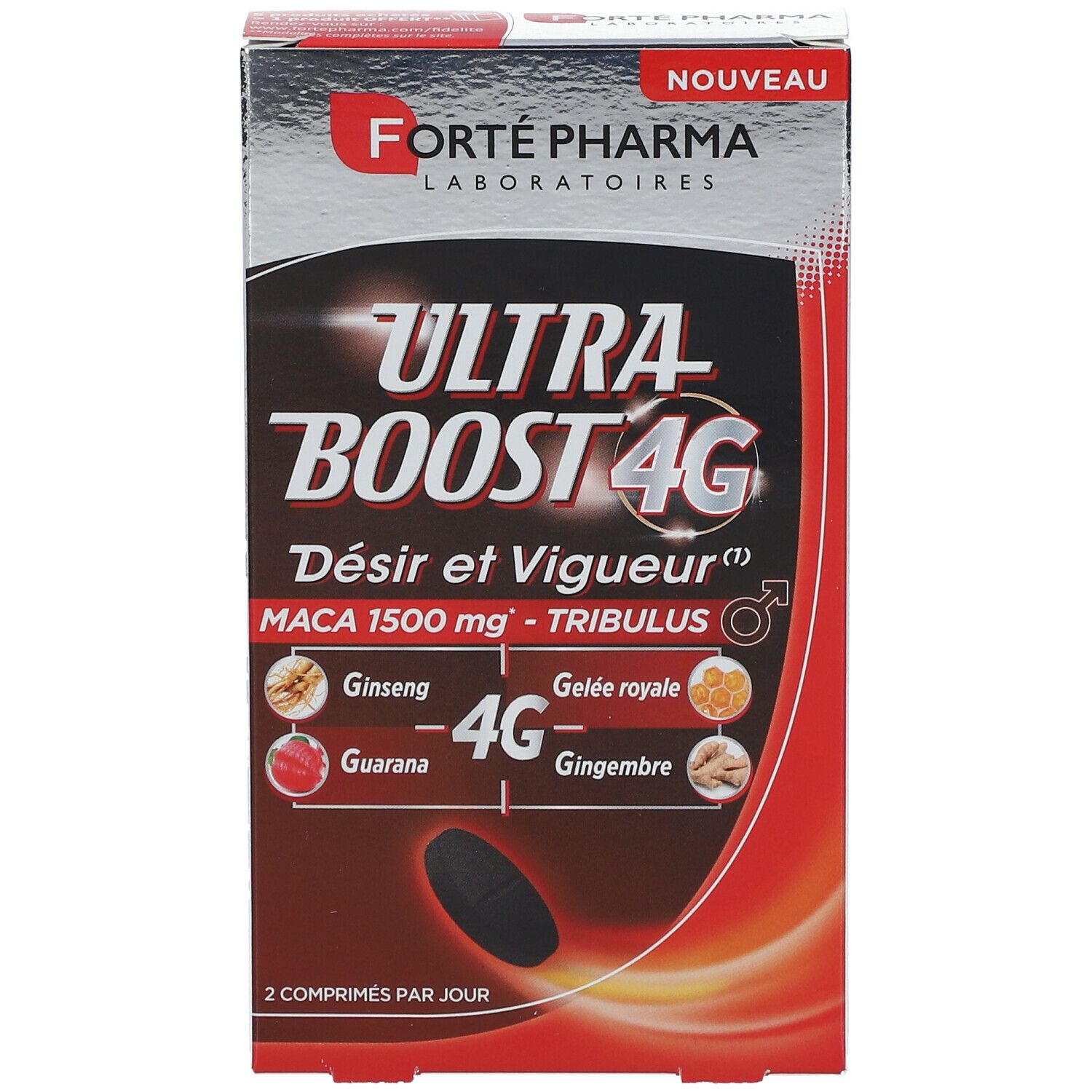 Vue de face de la boîte Forté Pharma Ultra Boost 4G. Contient des comprimés. Inscriptions: Ultra Boost 4G, Désir et Vigueur.