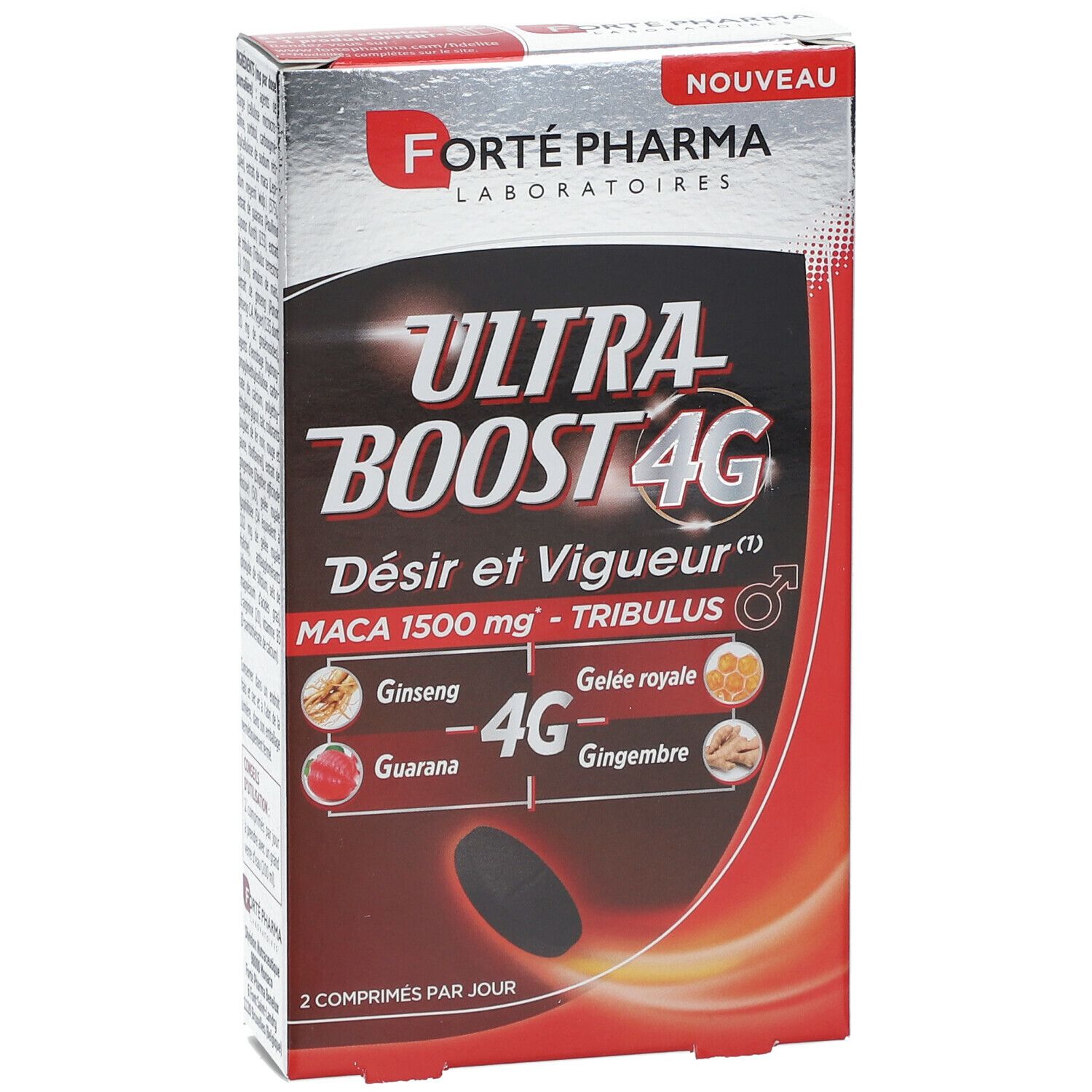 Vue de face de la boîte Forté Pharma Ultra Boost 4G. Inscriptions: Ultra Boost 4G, Désir et Vigueur, Maca 1500 mg, Tribulus.
