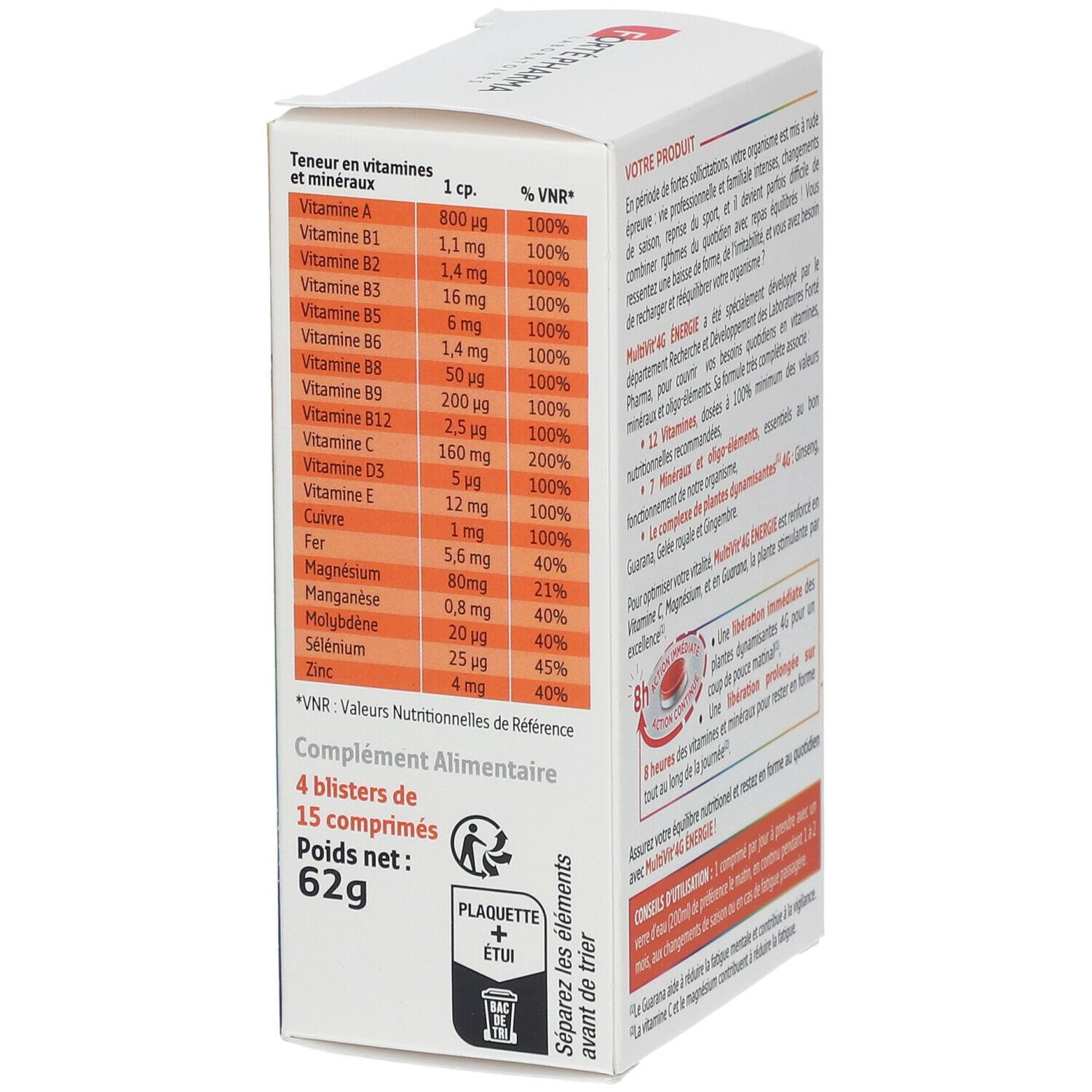 Côté de la boîte MultiVit'4G Energie. Contient les valeurs nutritionnelles. Marque: Forté Pharma.