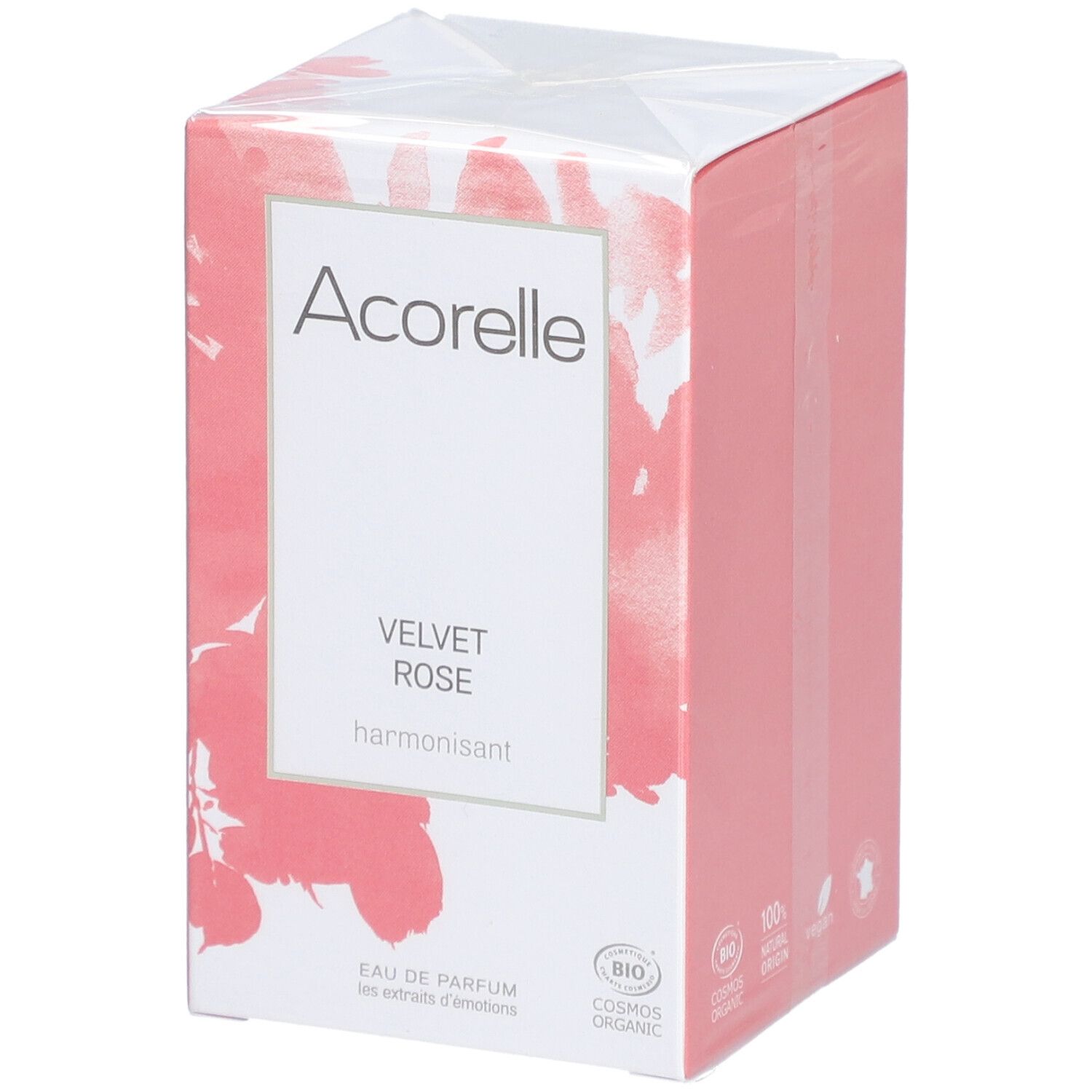 Boîte Acorelle Eau de Parfum « Velvet Rose » BIO. Emballage rose avec motif floral. Logo et nom du produit.