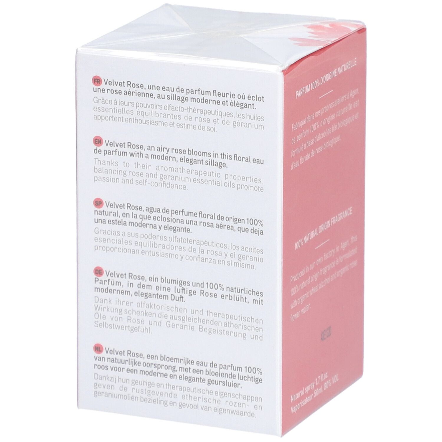 Emballage avec texte multilingue. Descriptions du parfum. Logo et nom du produit.
