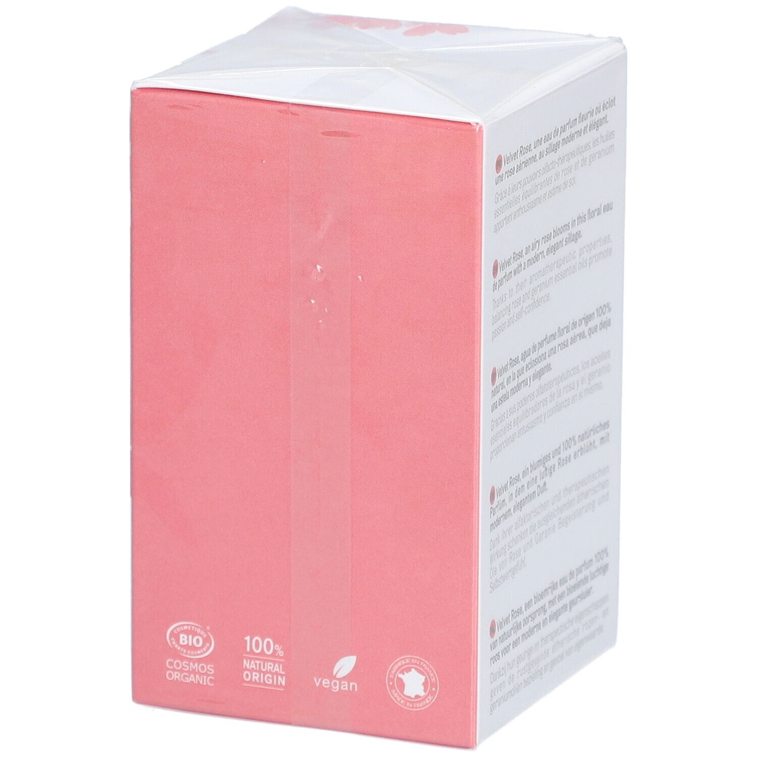 Dos de la boîte. Logos : Cosmos Organic, 100% Natural Origin, Vegan. Informations de certification.