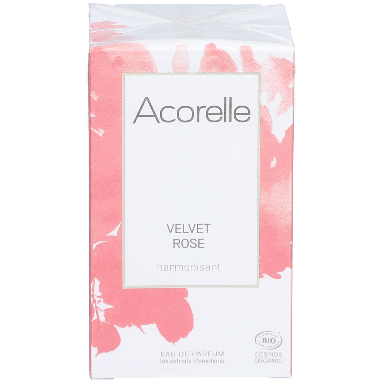 Acorelle Eau de Parfum « Velvet Rose » BIO. Face avant de l'emballage. Logo et nom du produit.