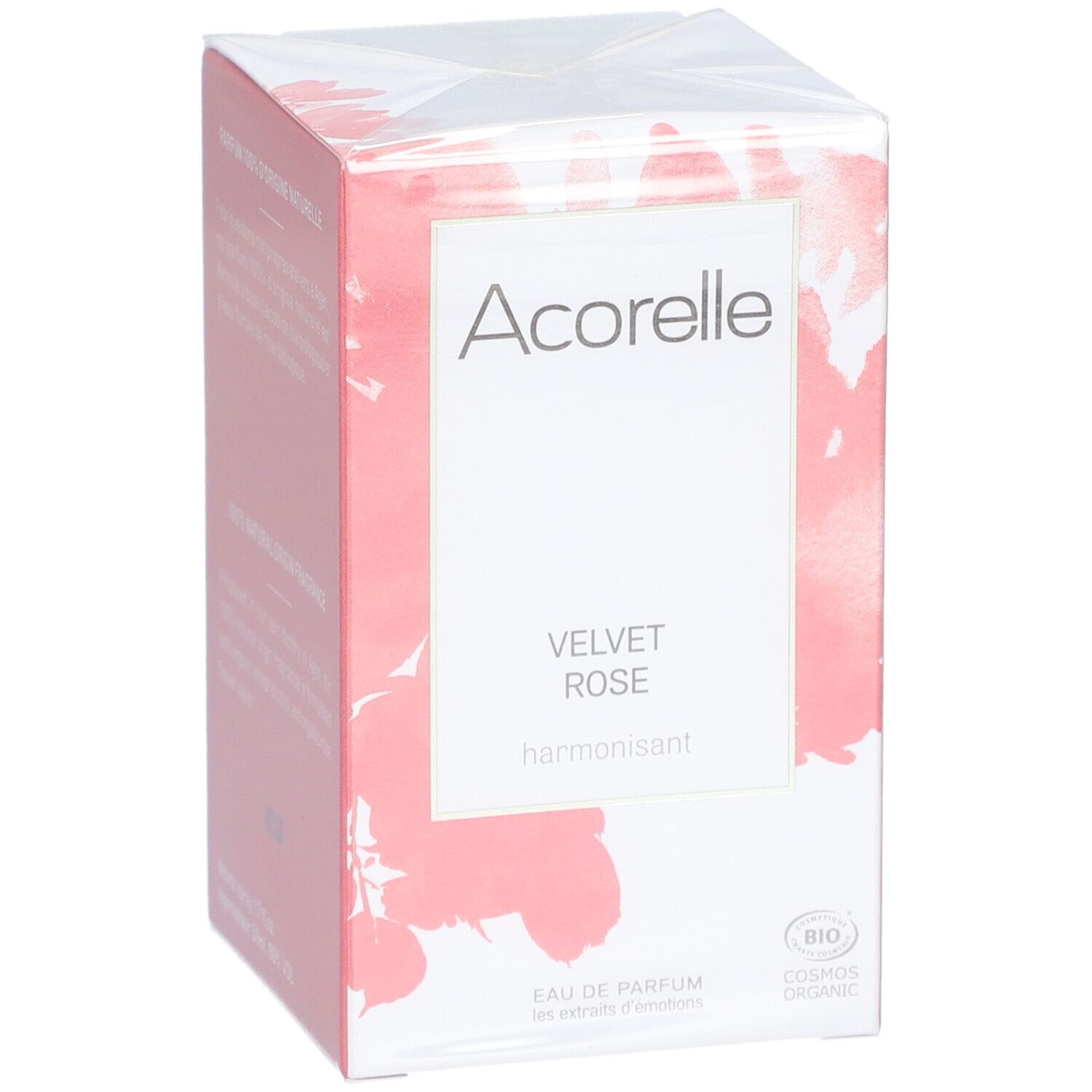 Acorelle Eau de Parfum « Velvet Rose » BIO. Emballage avec motif floral. Logo et nom du produit.