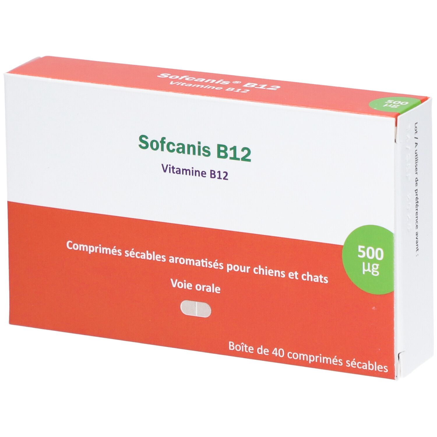 Boîte de Sofcanis B12. Inscription: Vitamine B12, comprimés pour chiens et chats, 500 µg. Emballage orange et blanc.