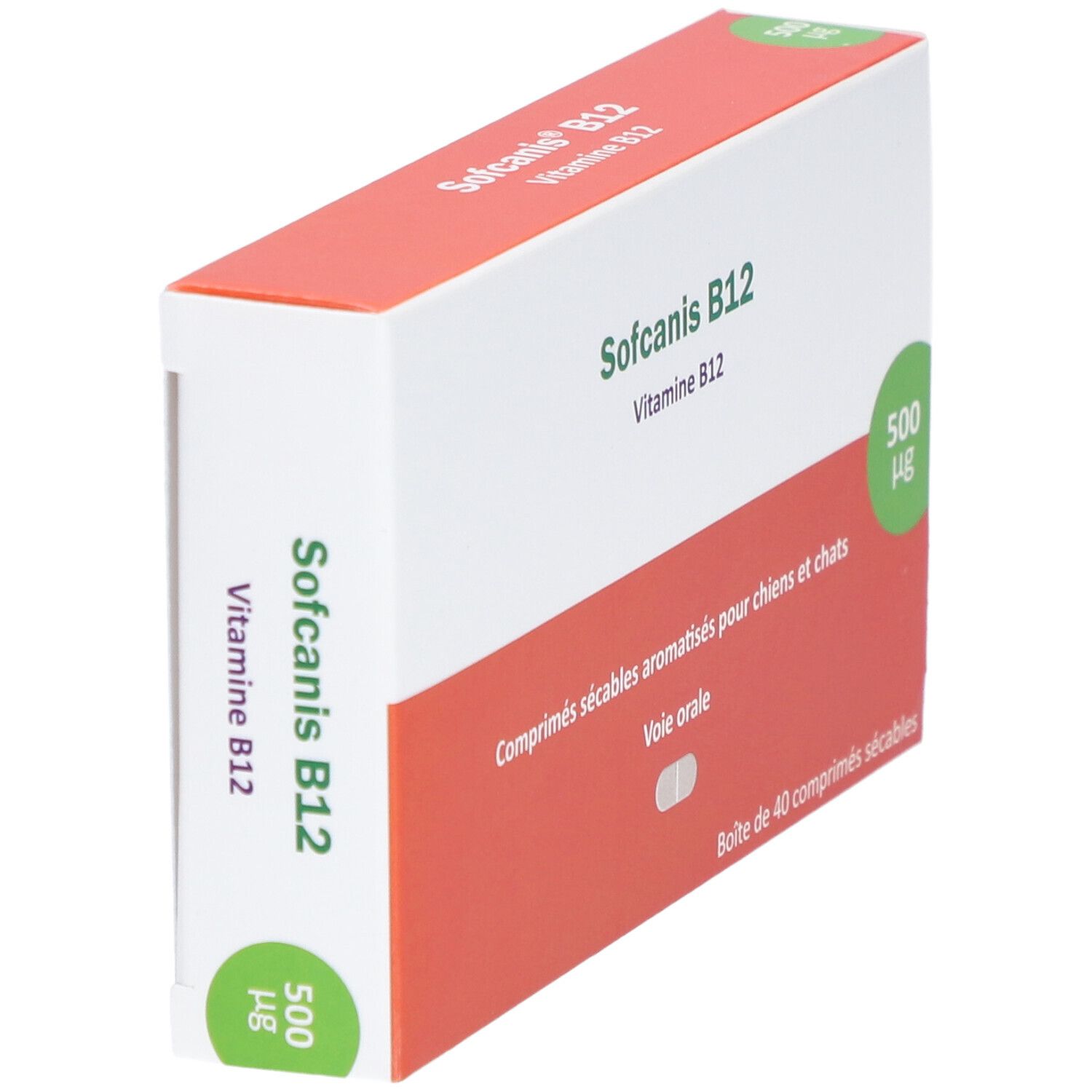 Boîte de Sofcanis B12. Inscription: Vitamine B12, comprimés pour chiens et chats, 500 µg. Emballage orange et blanc.