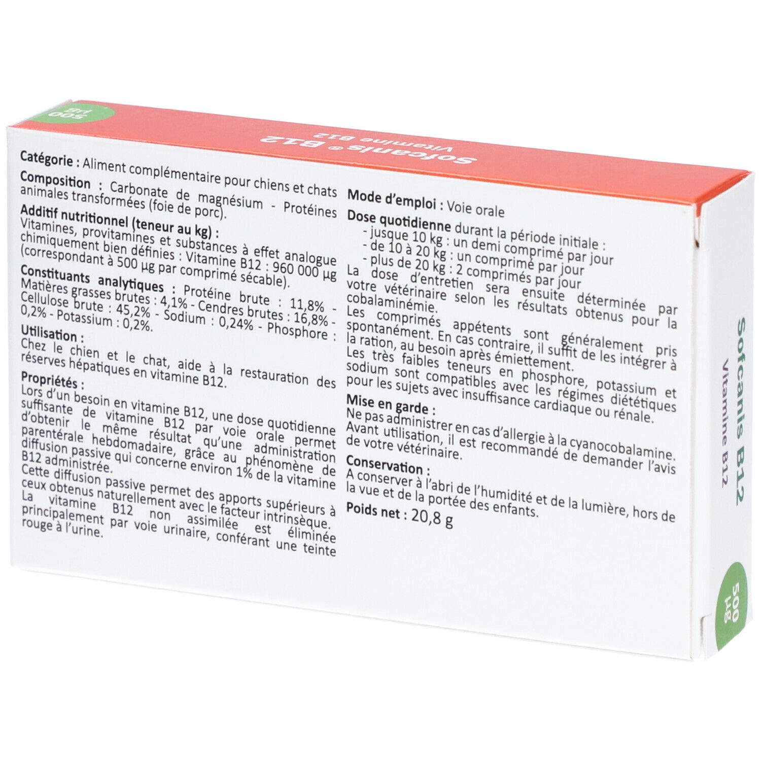 Boîte de Sofcanis B12. Inscription: Vitamine B12, comprimés pour chiens et chats, 500 µg. Emballage orange et blanc.