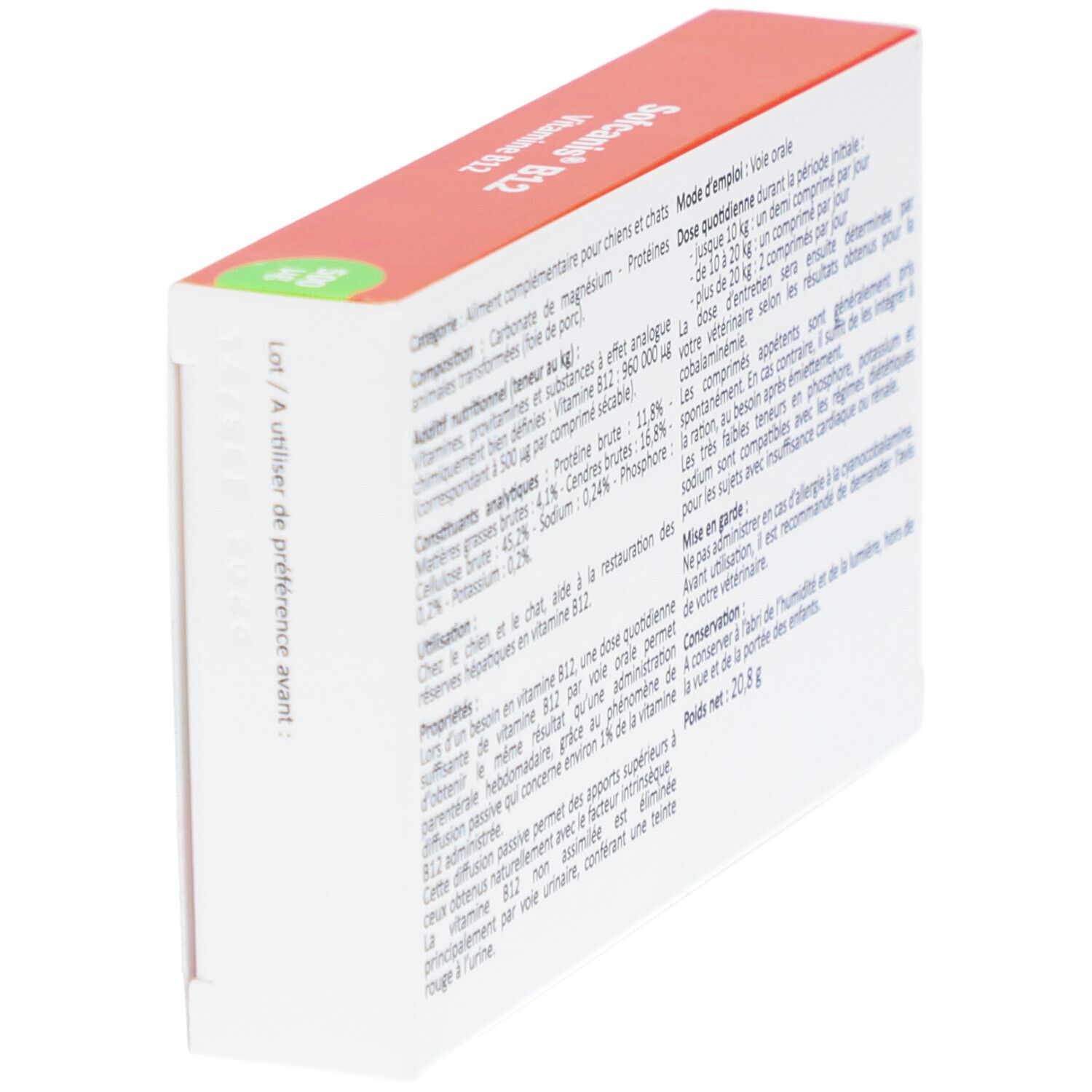 Dos de l'emballage Sofcanis B12. Contient des informations sur les ingrédients, l'utilisation et les avertissements. Emballage orange et blanc.