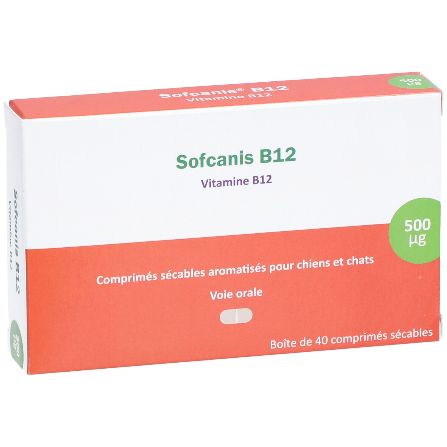 Boîte de Sofcanis B12. Inscription: Vitamine B12, comprimés pour chiens et chats, 500 µg. Emballage orange et blanc.