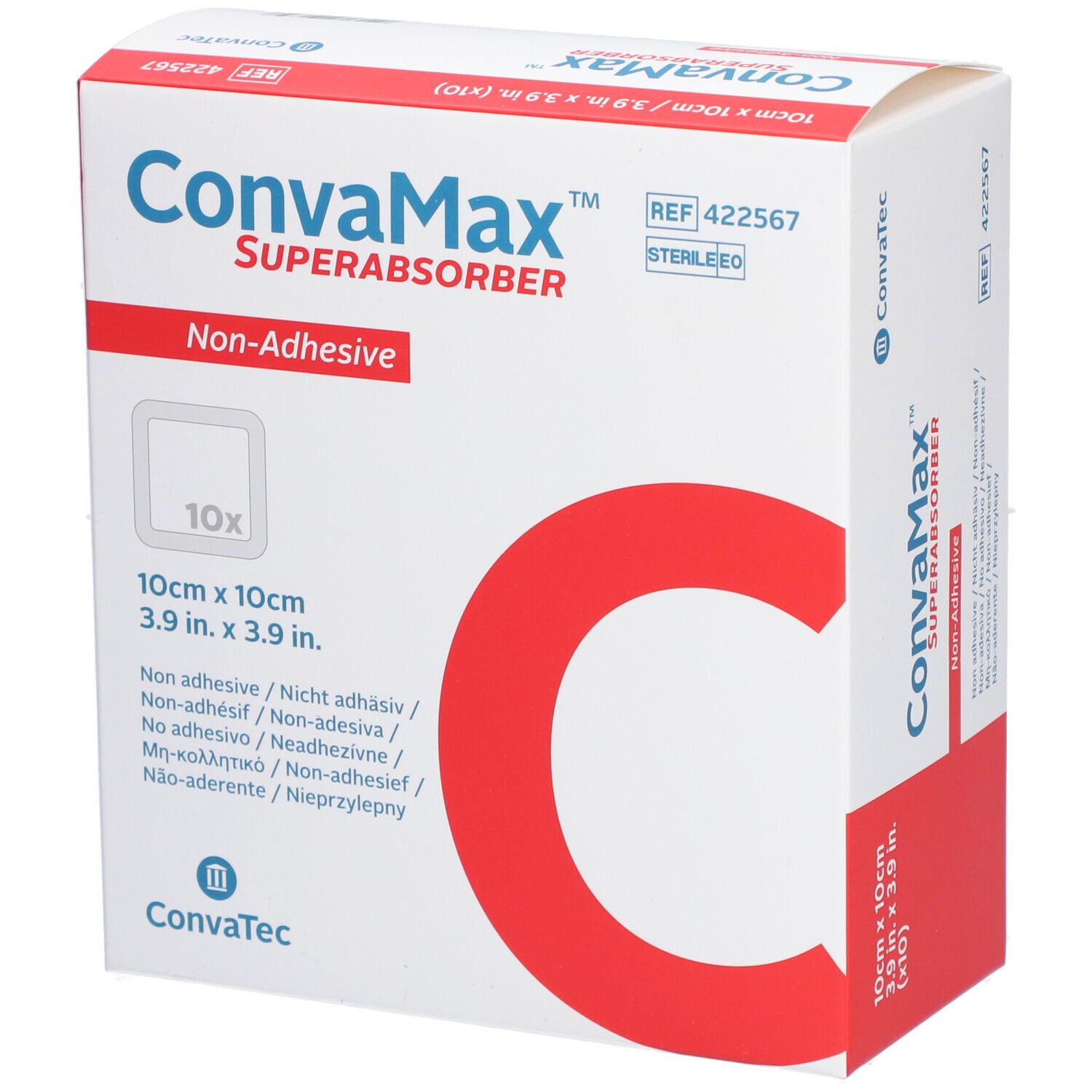 Boîte de Convamax Superabsorber. Pansements carrés 10 x 10 cm. Non-adhésifs. 'C' rouge sur carton blanc.