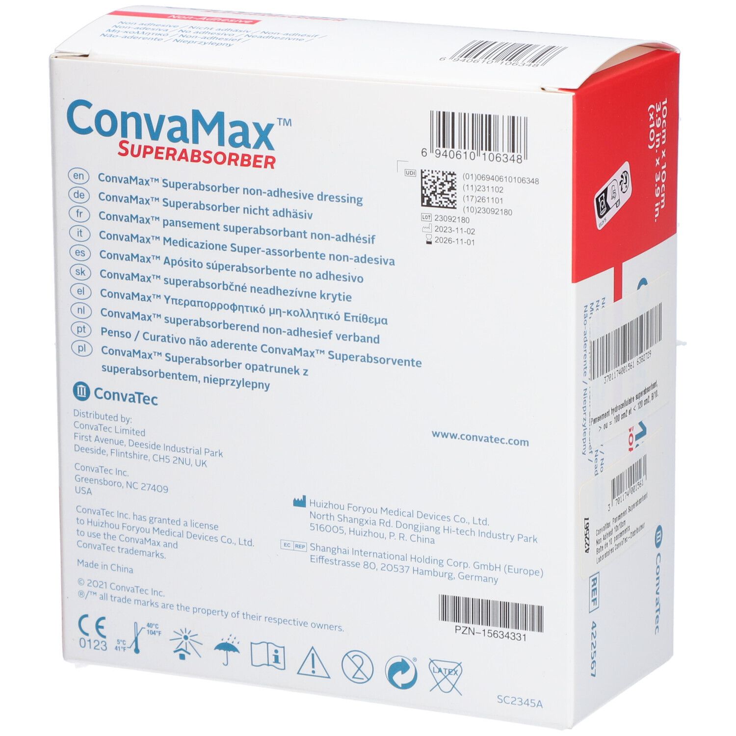 Dos de la boîte Convamax Superabsorber. Informations produit, adresse fabricant, marquage CE.