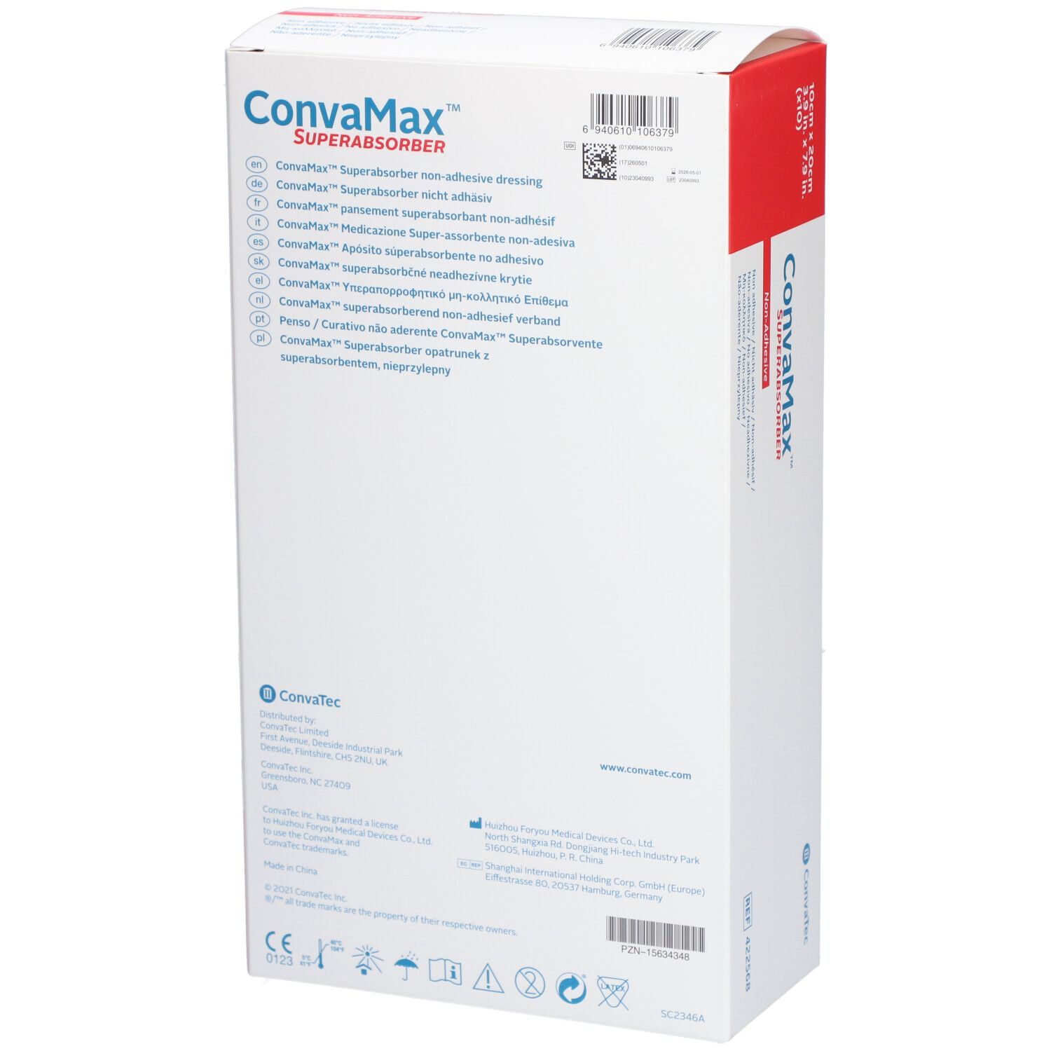 Dos de la boîte CONVAMAX Superabsorber. Informations produit multilingues et code-barres.