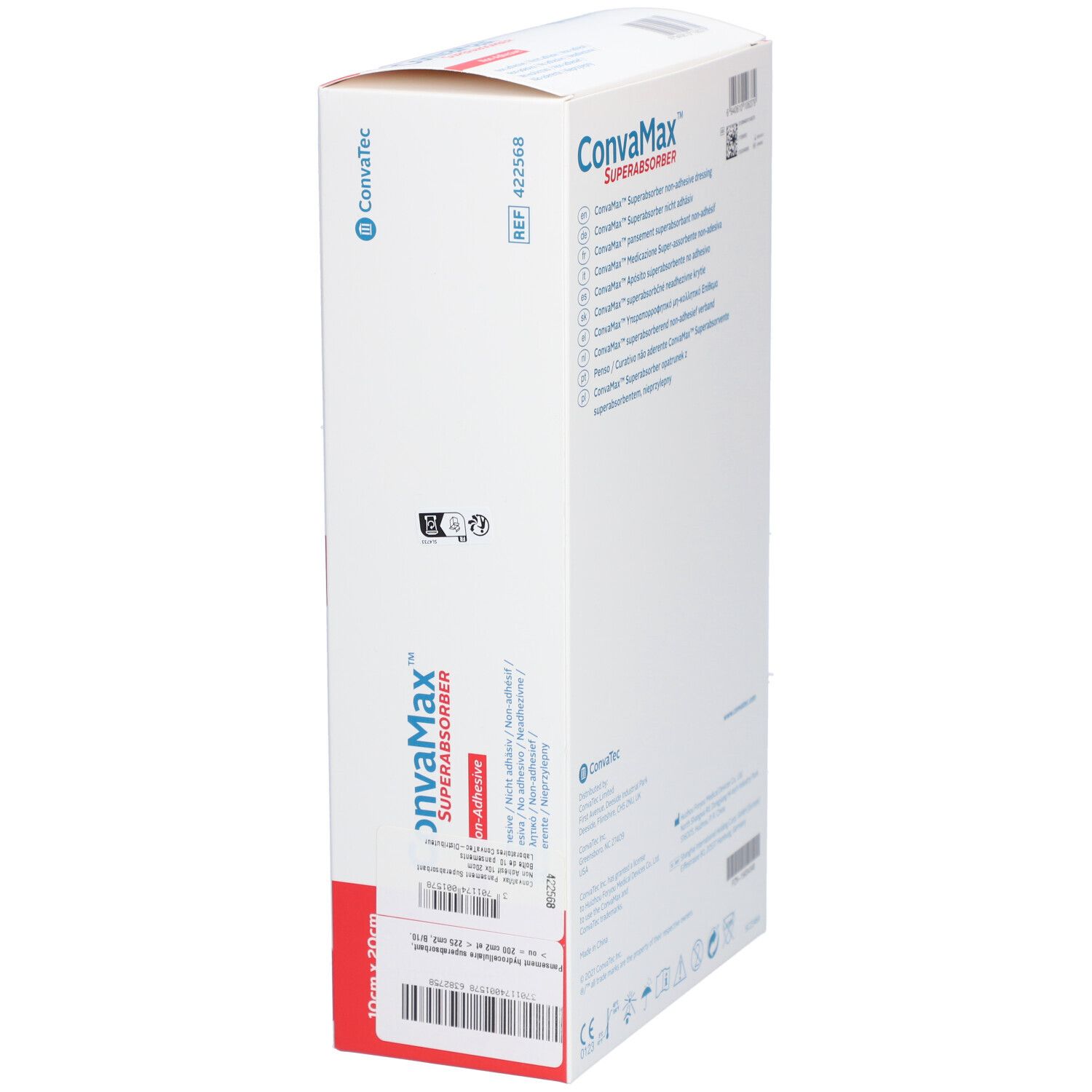 Vue latérale de la boîte CONVAMAX Superabsorber. Informations produit et logos.