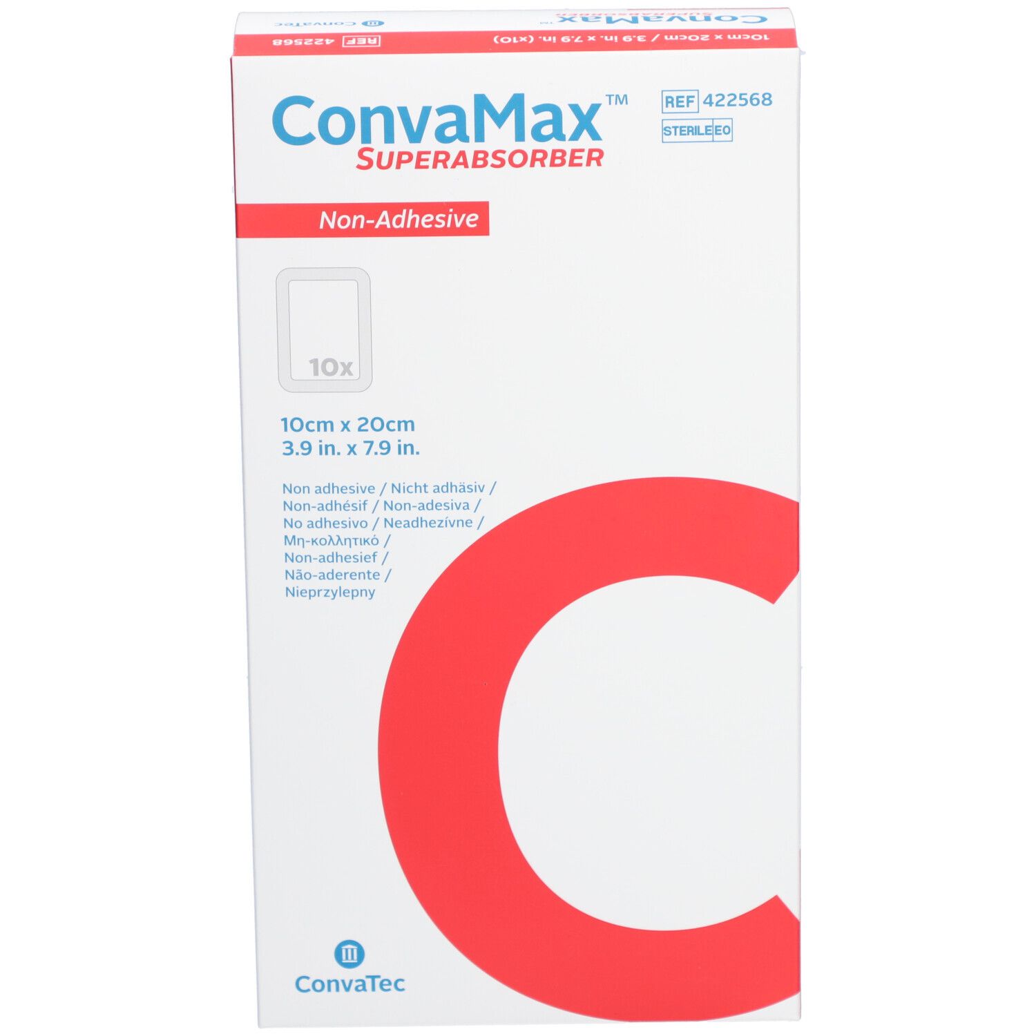 Boîte CONVAMAX Superabsorber non-adhésif 10 x 20 cm. Emballage blanc avec "C" rouge et informations produit.