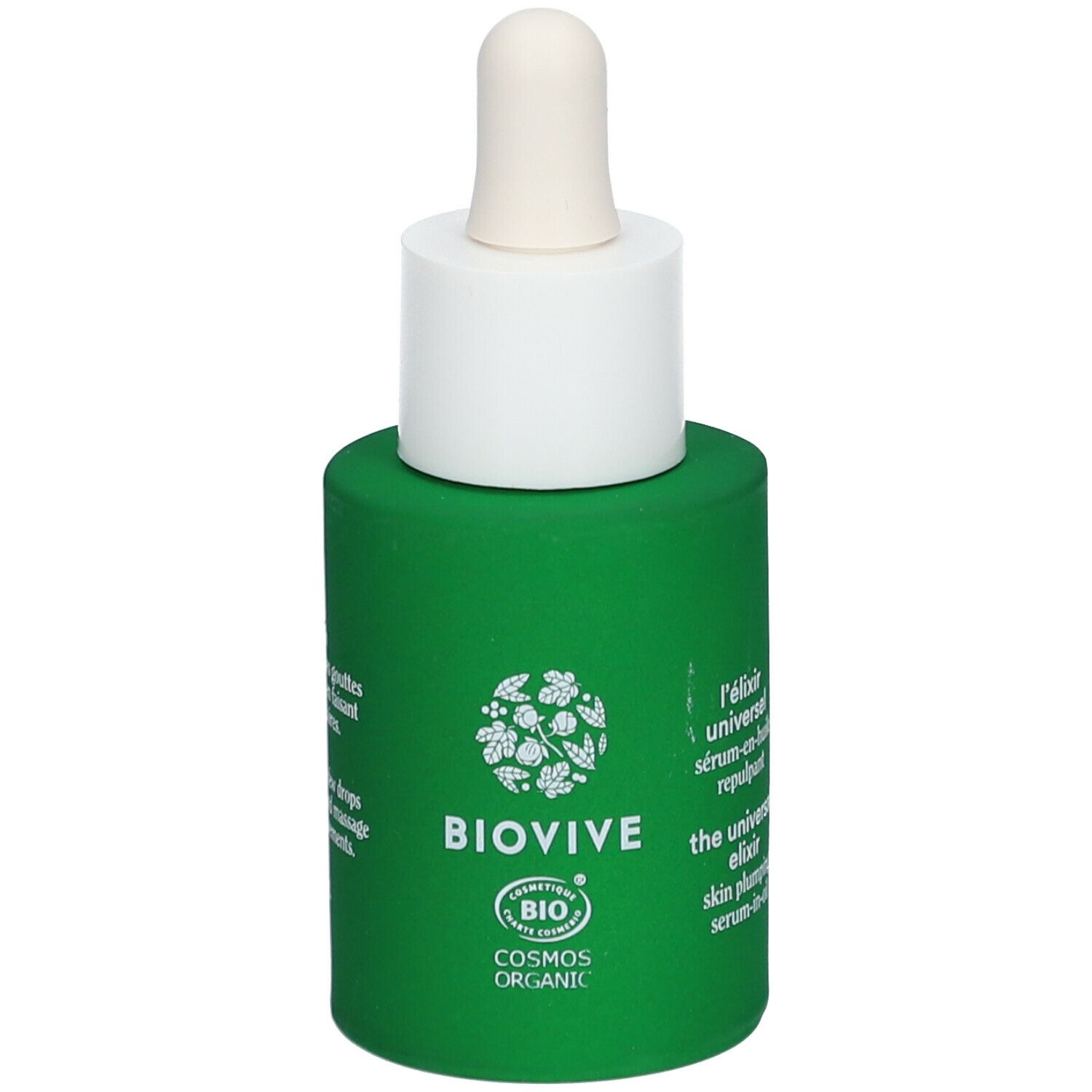Grüne Flasche mit weißem Deckel und Pipette. BIOVIVE-Logo und COSMOS ORGANIC-Zertifizierung.