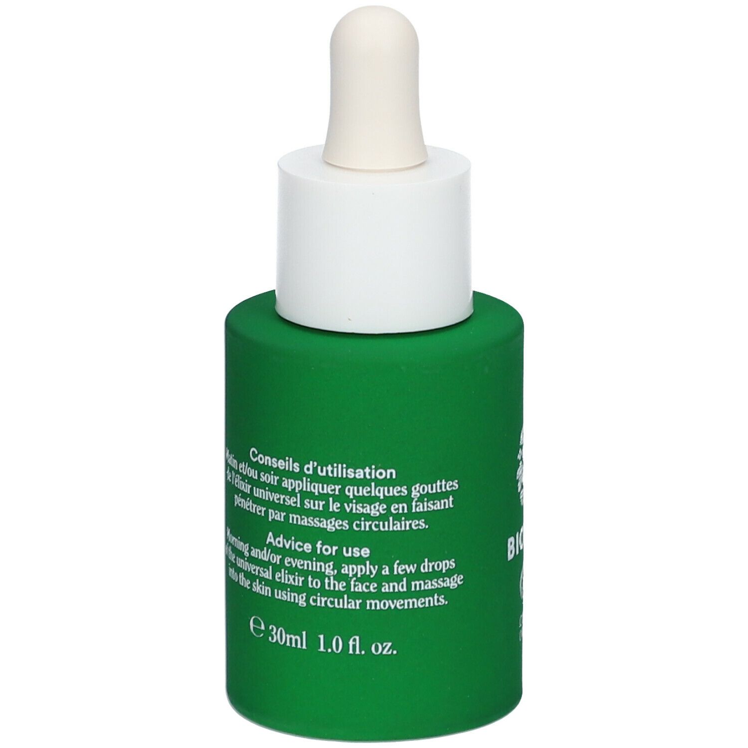 Grüne Flasche mit weißem Deckel und Pipette. Text: Anwendungshinweise. BIOVIVE-Logo.