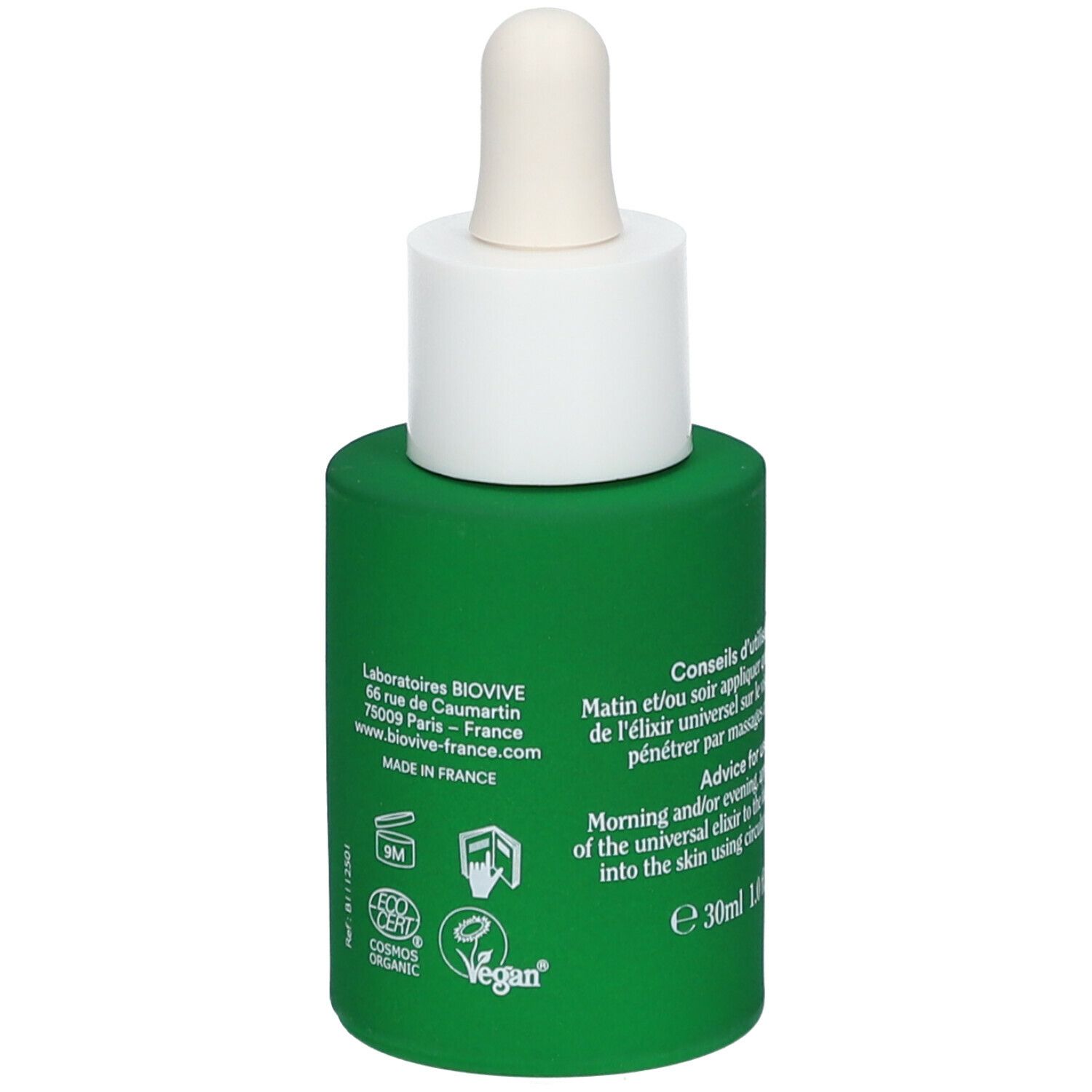 Grüne Flasche mit weißem Deckel und Pipette. Text: BIOVIVE-Adresse, Made in France, Vegan-Logo.