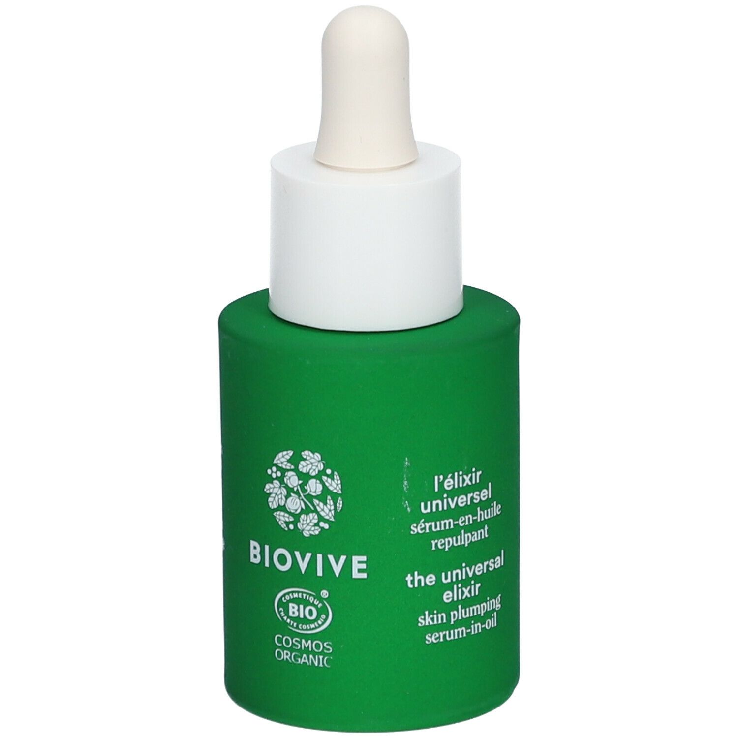 Grüne Flasche mit weißem Deckel und Pipette. BIOVIVE-Logo und COSMOS ORGANIC-Zertifizierung.