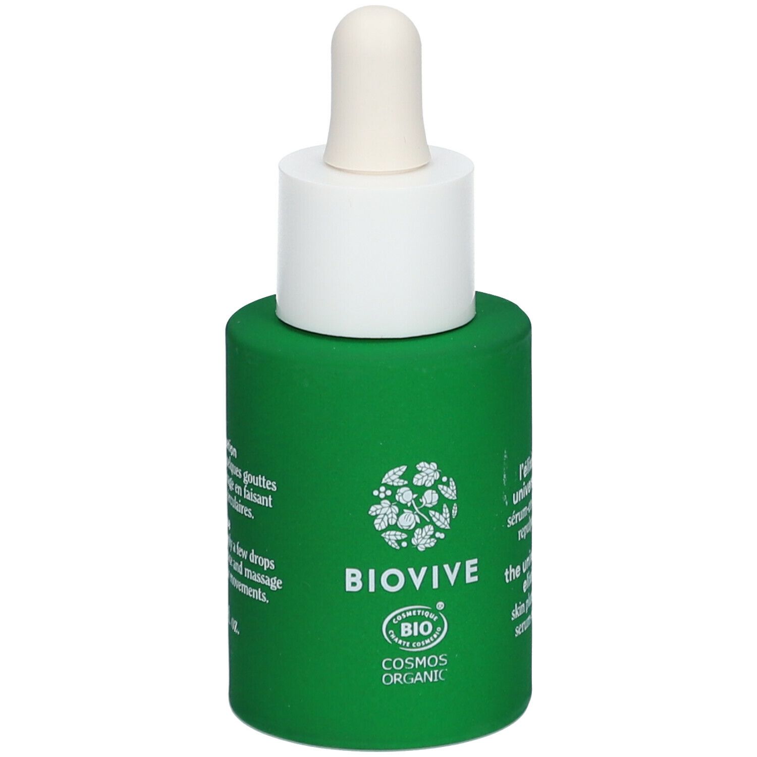 Grüne Flasche mit weißem Deckel und Pipette. BIOVIVE-Logo und Text: Anwendungshinweise.