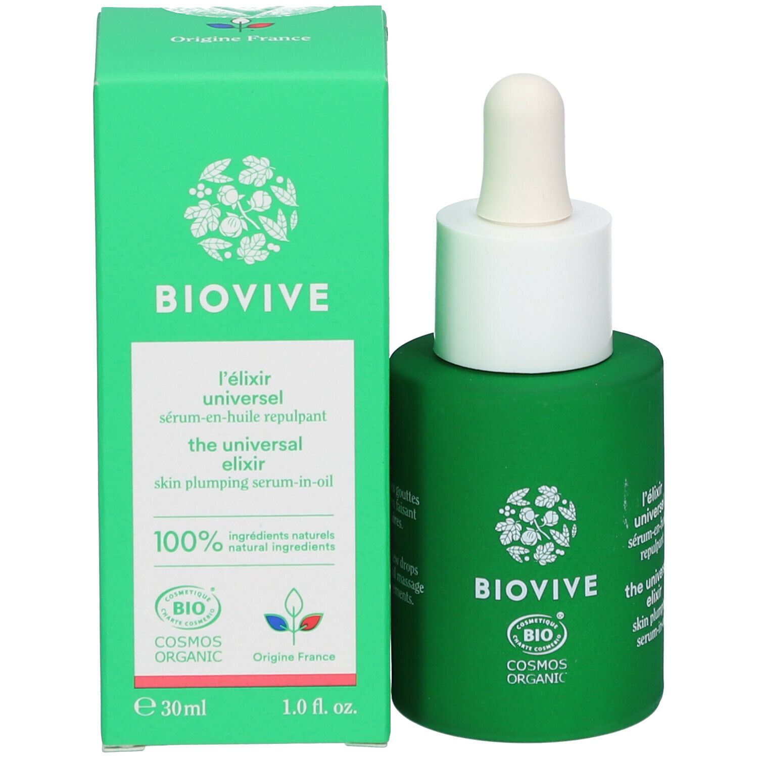Grüne Flasche mit weißem Deckel und Pipette neben grüner Schachtel. BIOVIVE-Logo, Text.