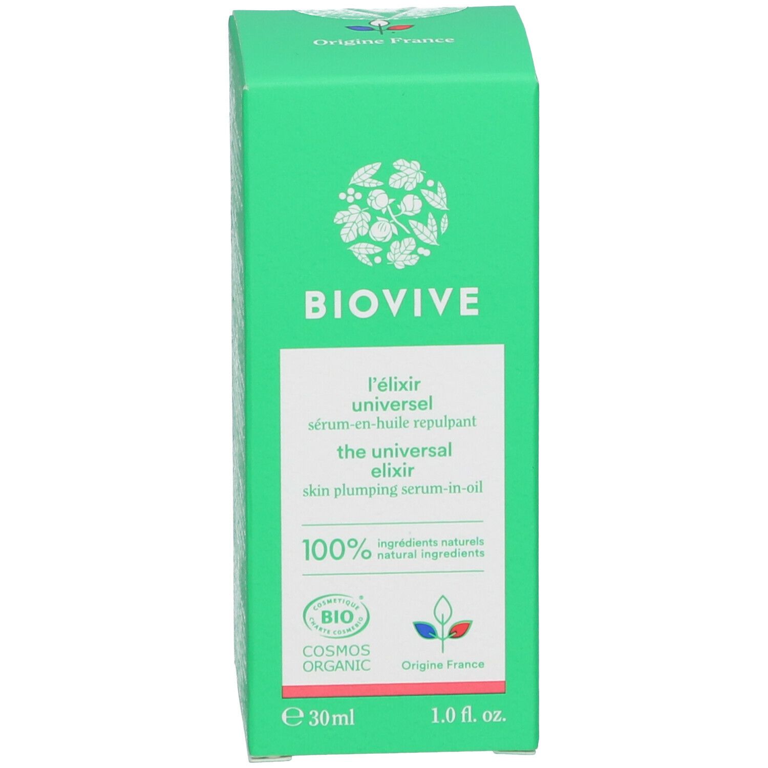 Grüne Schachtel mit BIOVIVE-Logo und Text. Enthält Flasche mit weißem Deckel und Pipette.