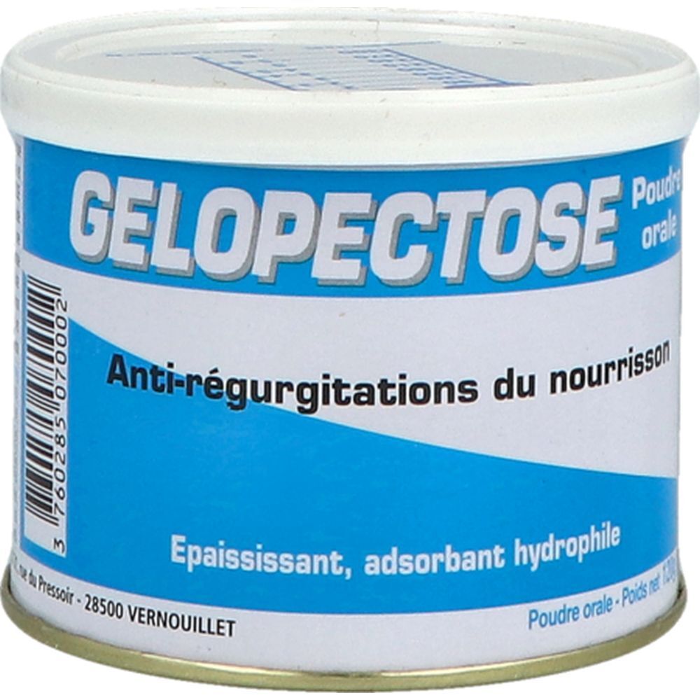 Boîte cylindrique avec étiquette bleue. Inscription: Gelopectose, Anti-régurgitations du nourrisson. Couvercle blanc.
