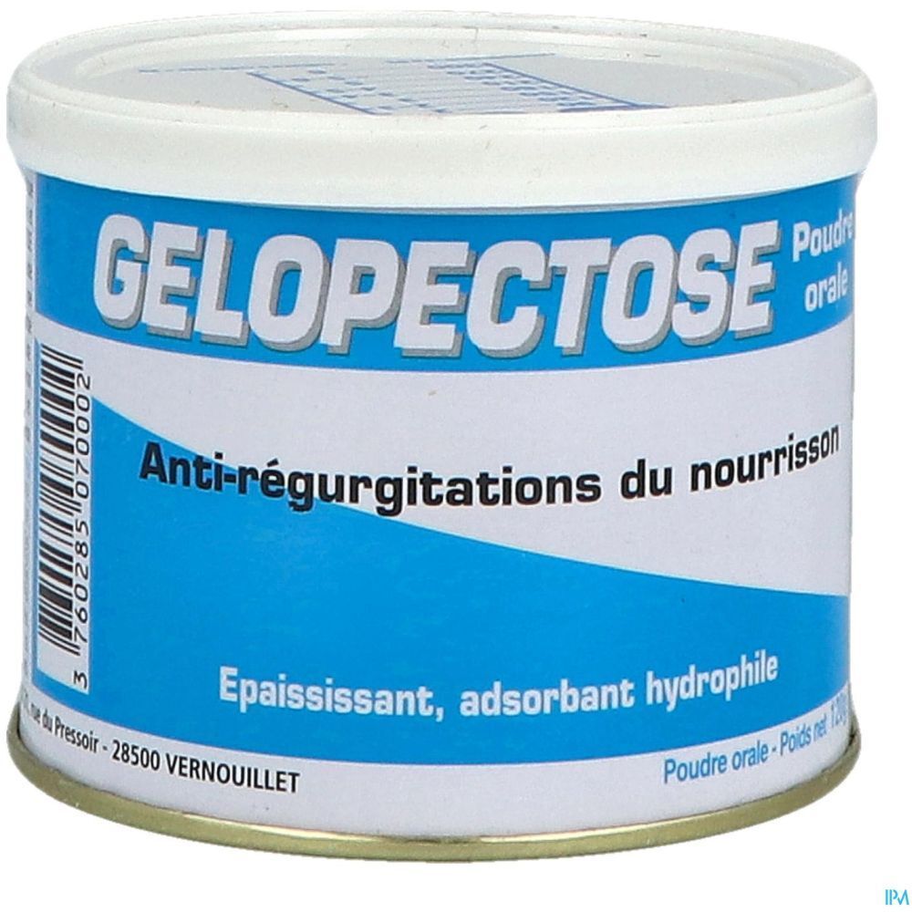 Boîte cylindrique avec étiquette bleue. Inscription: Gelopectose, Anti-régurgitations du nourrisson. Couvercle blanc.