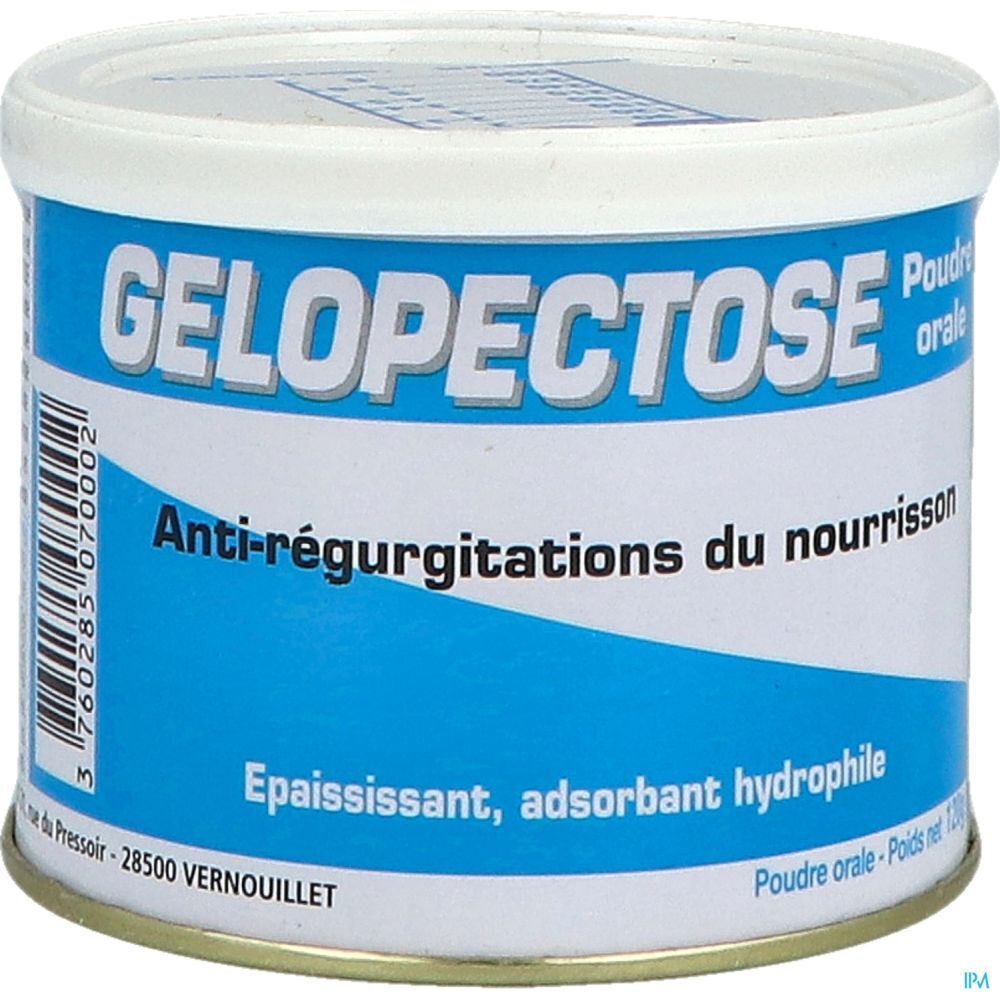 Boîte cylindrique avec étiquette bleue. Inscription: Gelopectose, Anti-régurgitations du nourrisson. Couvercle blanc.