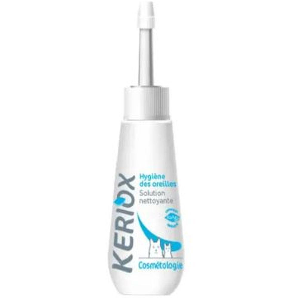Weiße Flasche mit Applikator. Aufschrift: KÉRIOX, Hygiene des oreilles, Solution nettoyante. Katzen-Symbol.